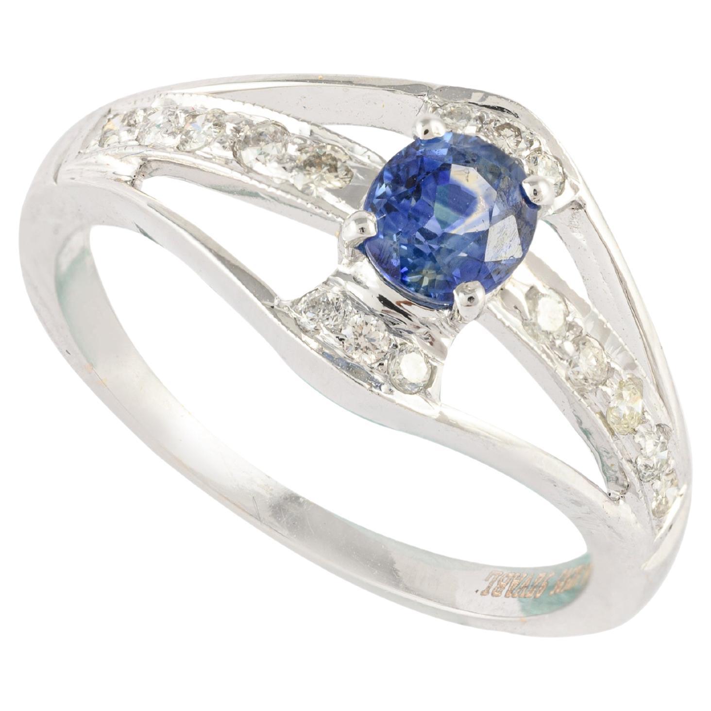 Elegant Diamond and Blue Sapphire Ring in 14k Solid White Gold 