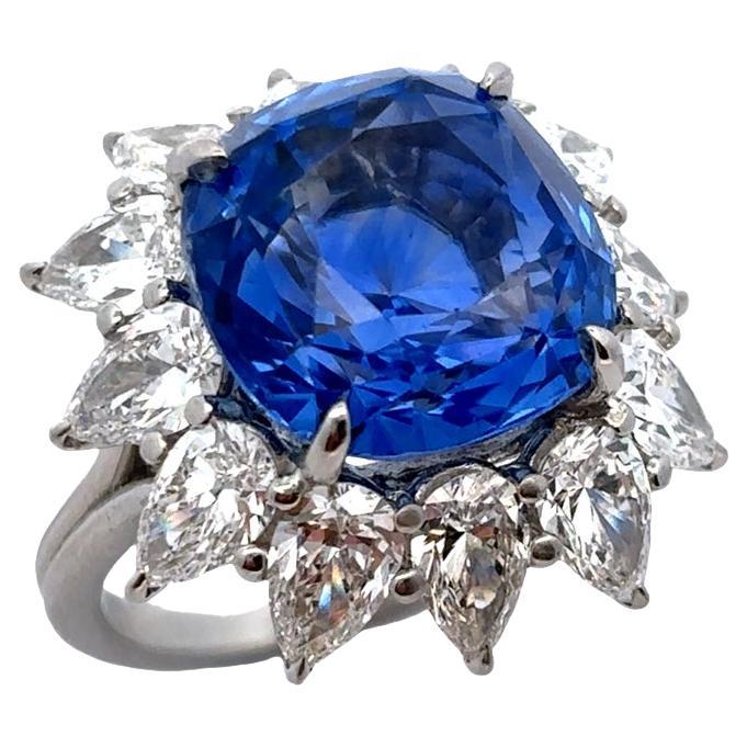 Certified Natural 13.24 Carat Unheated Cushion Cut Sapphire and Diamond Ring For Sale