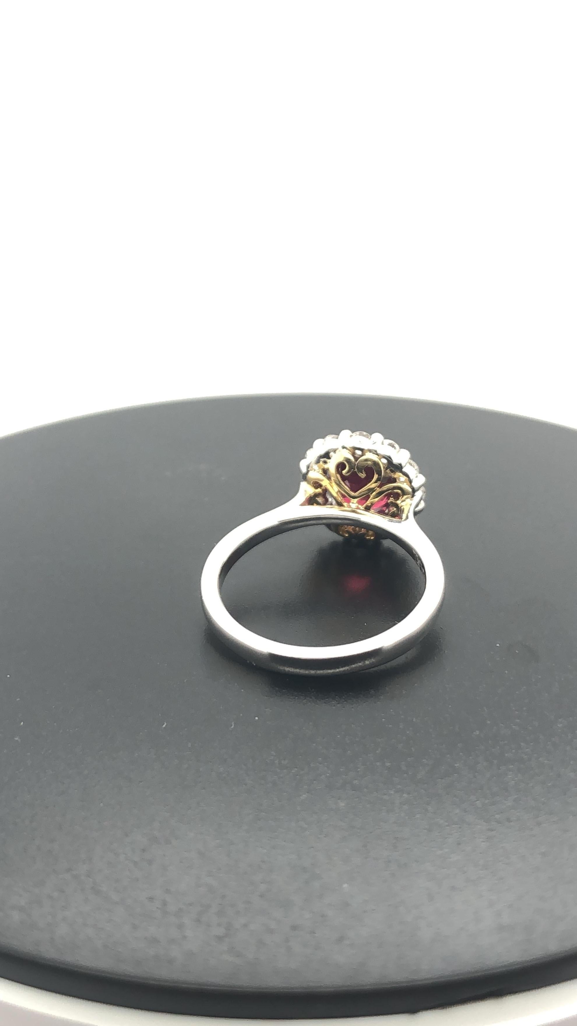 Contemporary Certified Natural 1.58 Carat Round Ruby and Diamond Halo Engagement Ring For Sale