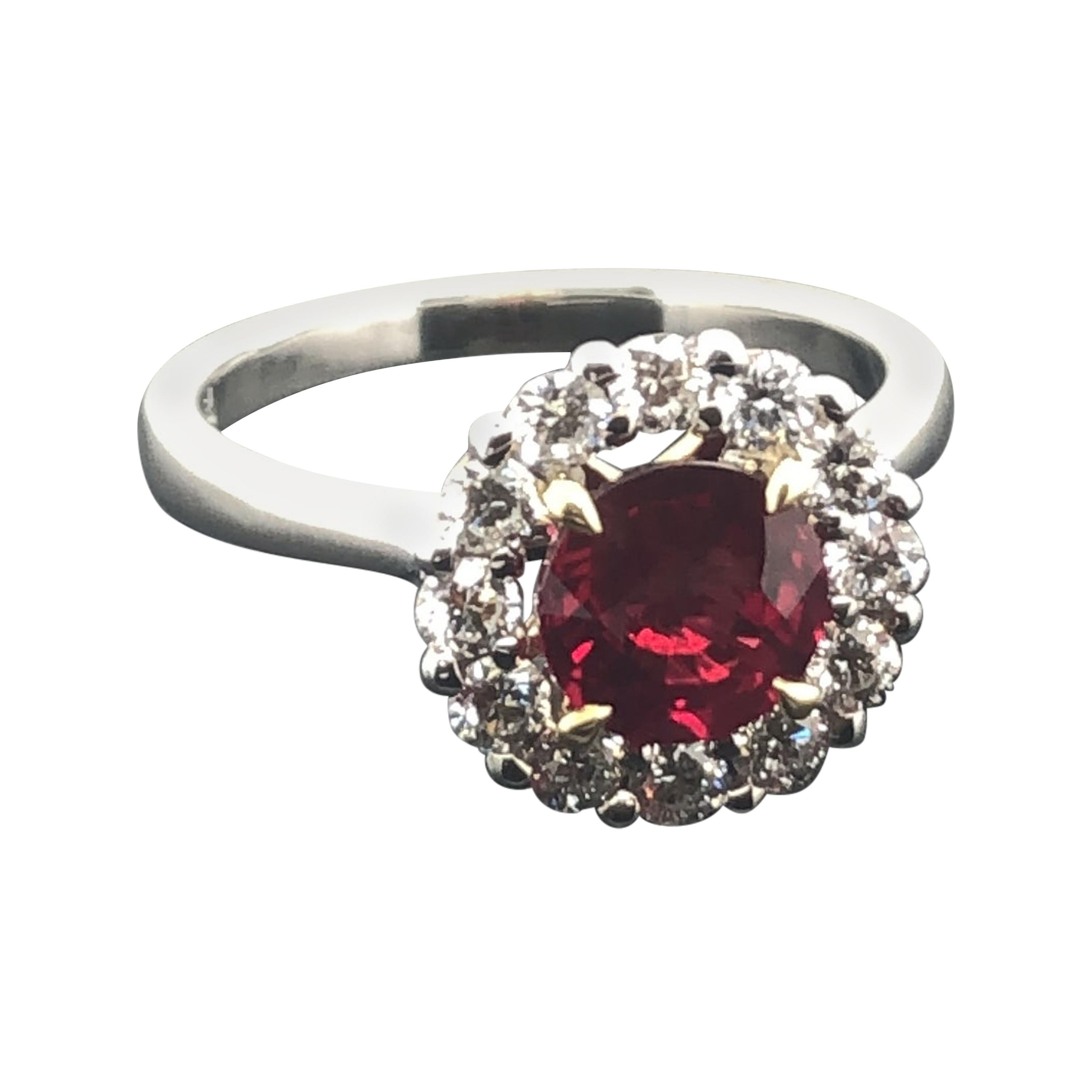 Certified Natural 1.58 Carat Round Ruby and Diamond Halo Engagement Ring For Sale