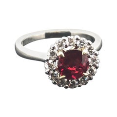 Certified Natural 1.58 Carat Round Ruby and Diamond Halo Engagement Ring