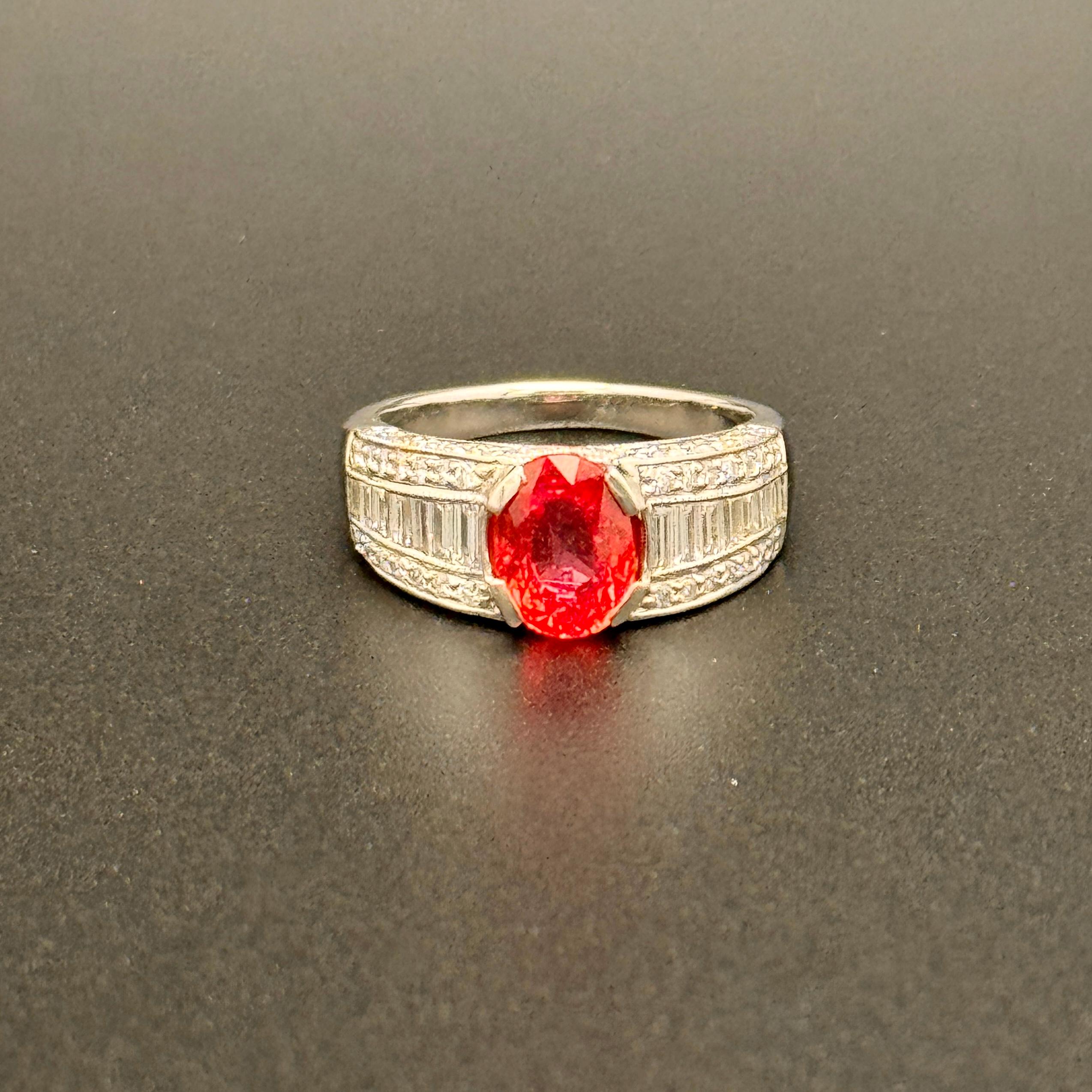 Certified Natural 1.88 cts Padparadscha Sapphire & Diamond Vintage Platinum Ring For Sale 1