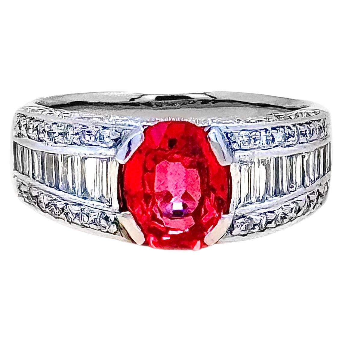 Certified Natural 1.88 cts Padparadscha Sapphire & Diamond Vintage Platinum Ring