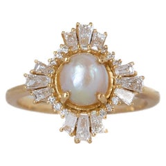 Naturale certificato 2 Ct. Anello con perle del Bahrein e diamanti baguettes in oro giallo