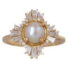 Certified Natural 2 Ct. Bahraini Pearl and Diamond Baguettes Ring in Yellow Gold