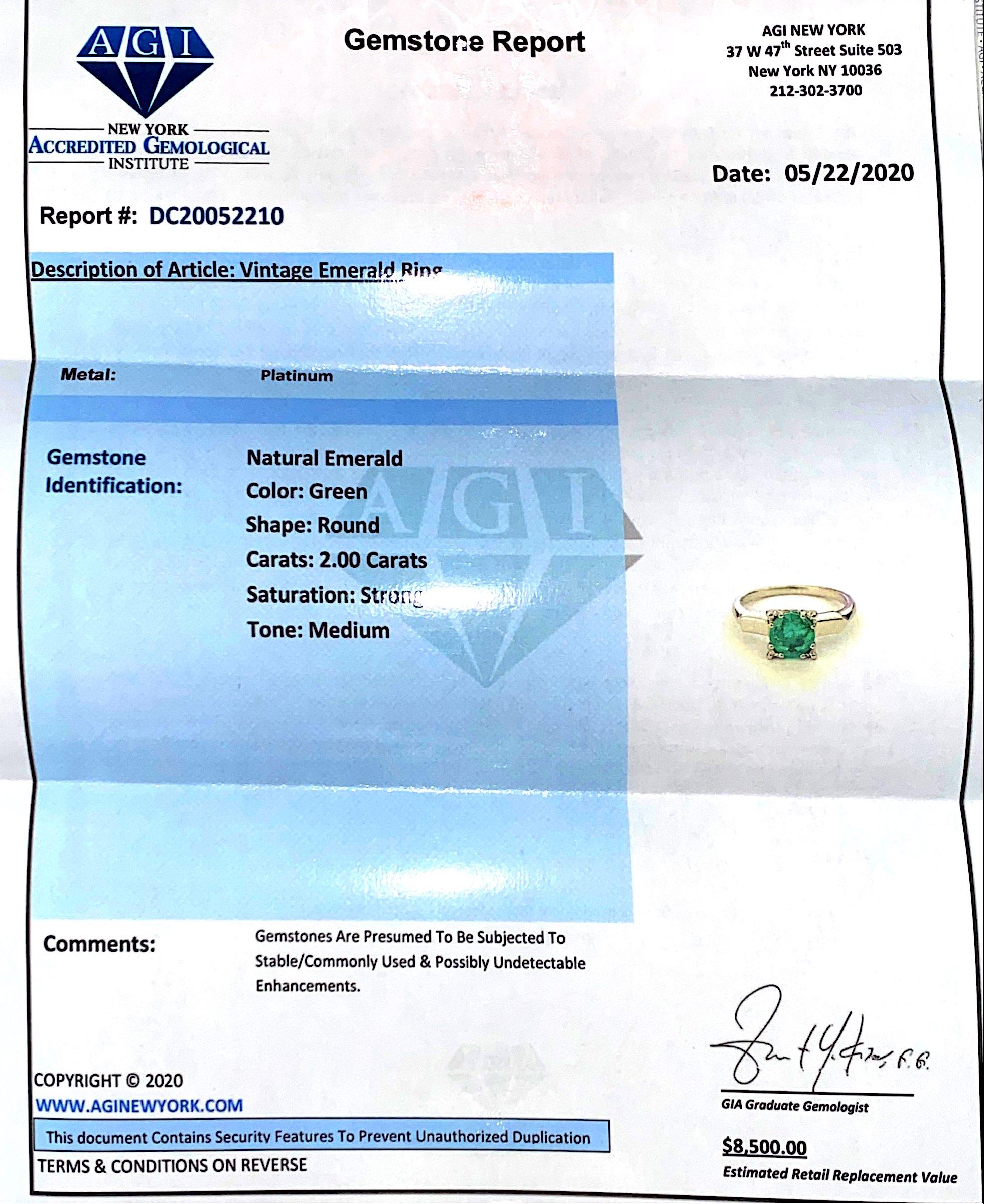 Certified Natural 2.00 Carat Emerald Platinum Ring For Sale 1