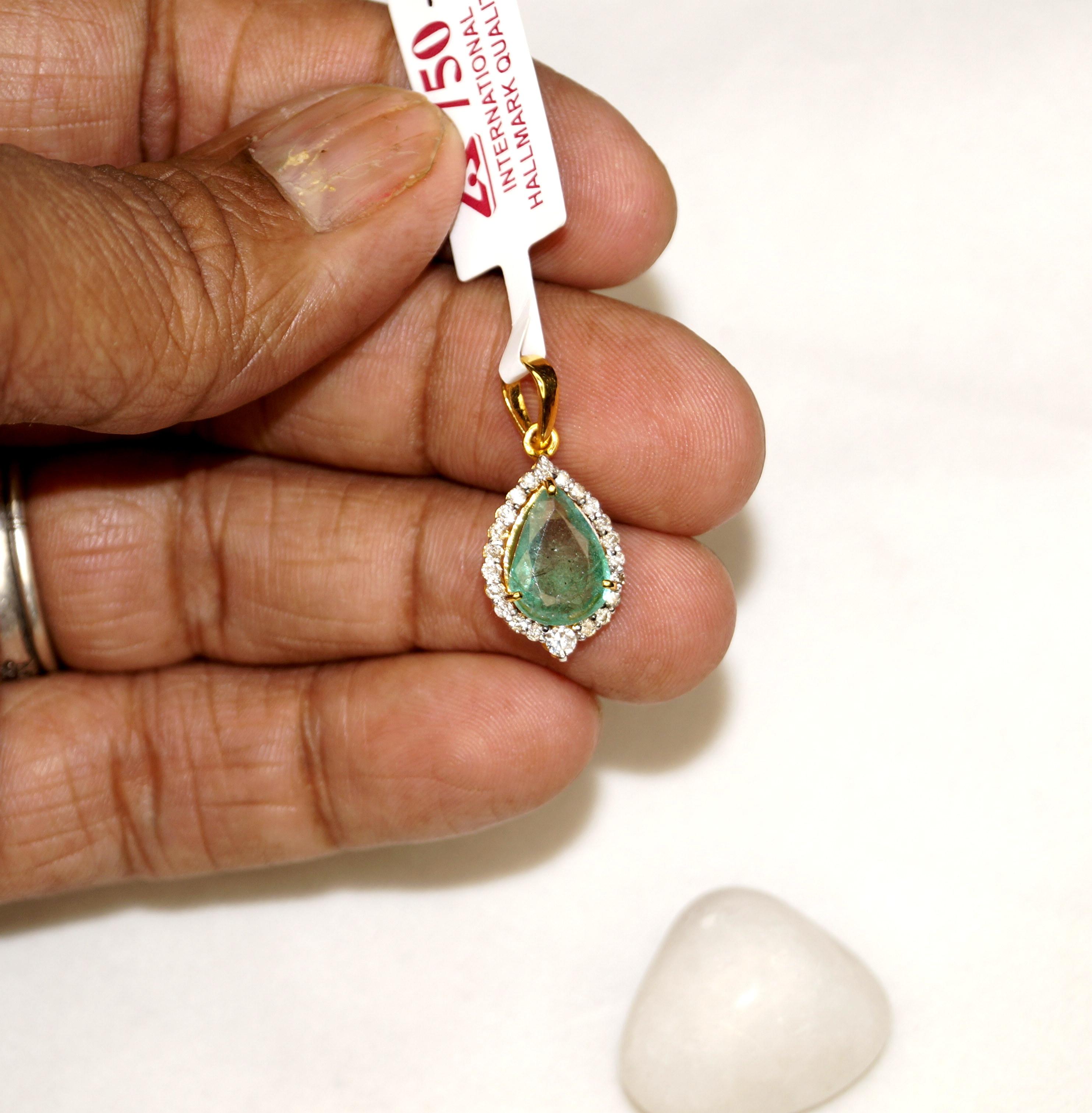 Pear Cut IGI Certified Natural Diamond Emerald Pendant 18K Gold Drop Pendant Necklace For Sale