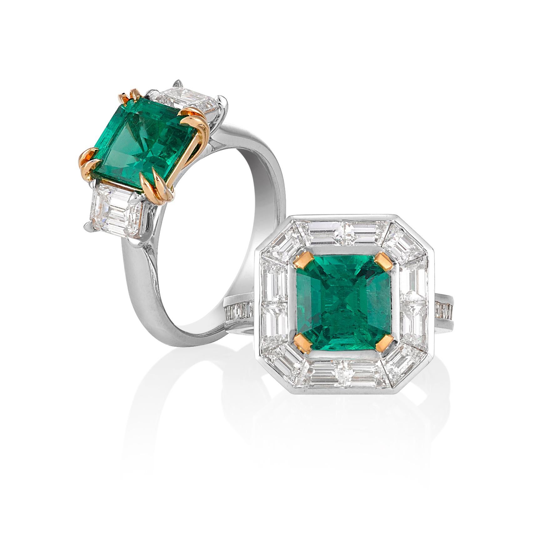 Handmade 18 Carat Yellow and White Gold Cocktail ring, set with Certified, Natural, 2.35 Carat, Square Emerald Cut, Afghan Emerald 'Vivid Green' as per D. Dunaigre report # CDC 1408336, set in 22 Carat Yellow gold claws, surrounded by 12 Baguette