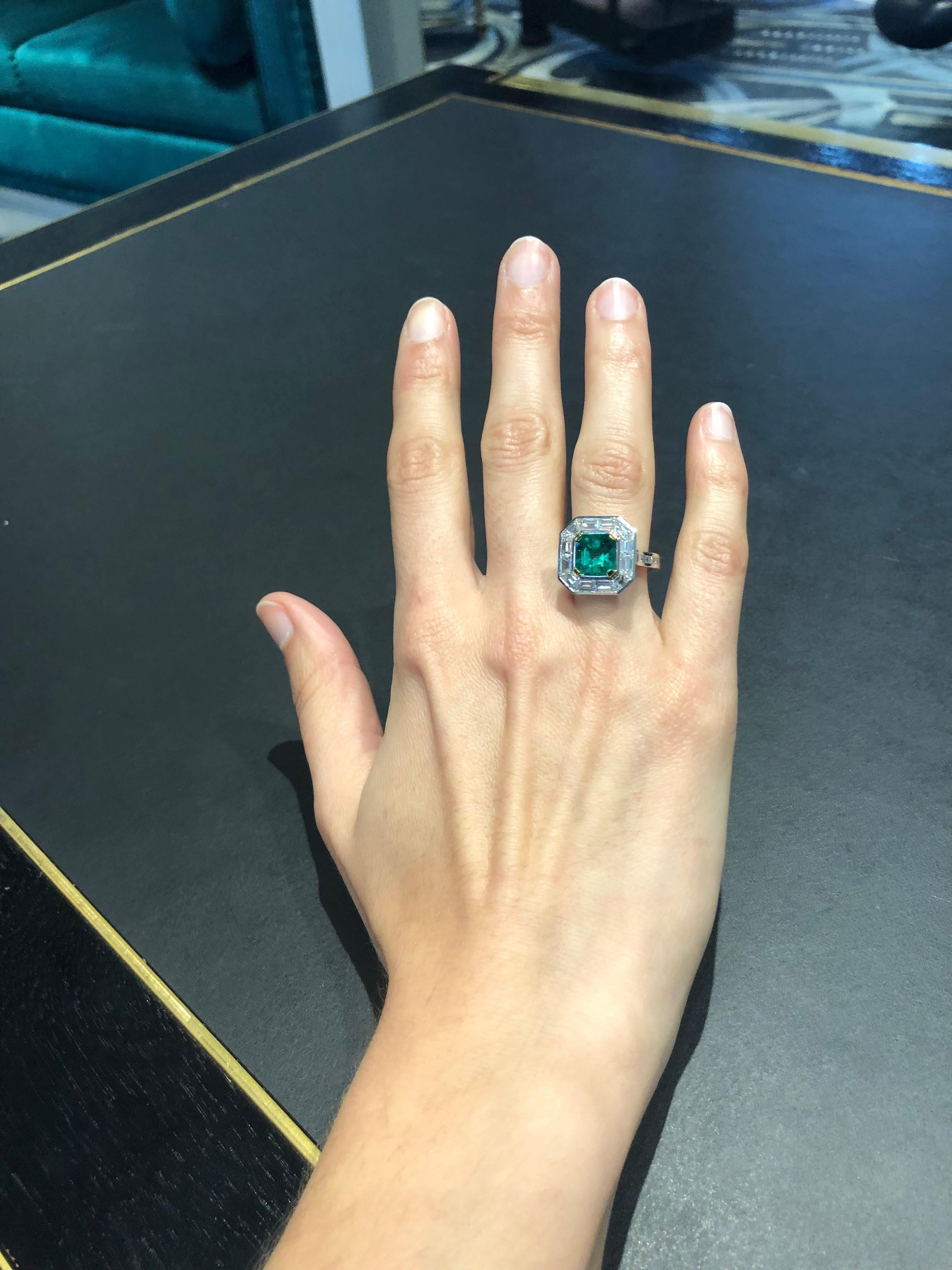 Certified Natural 2.35 Carat Asscher Cut Emerald and Diamond Cocktail Ring For Sale 3