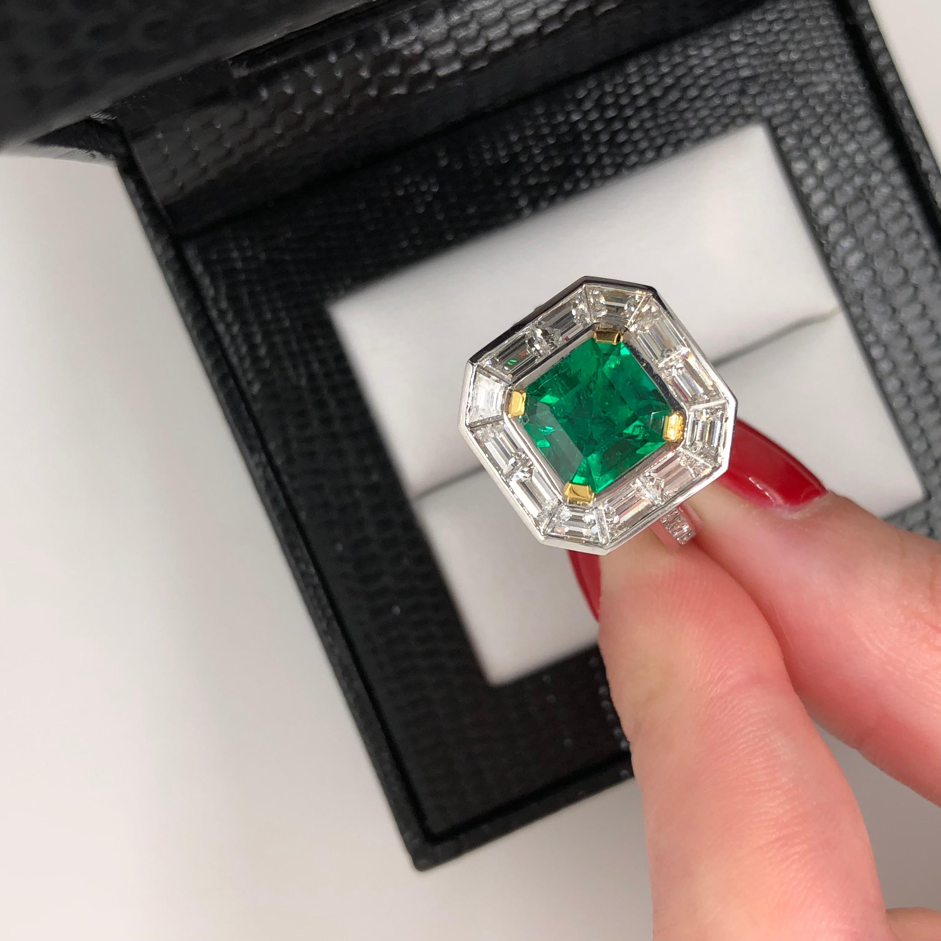 Certified Natural 2.35 Carat Asscher Cut Emerald and Diamond Cocktail Ring For Sale 4