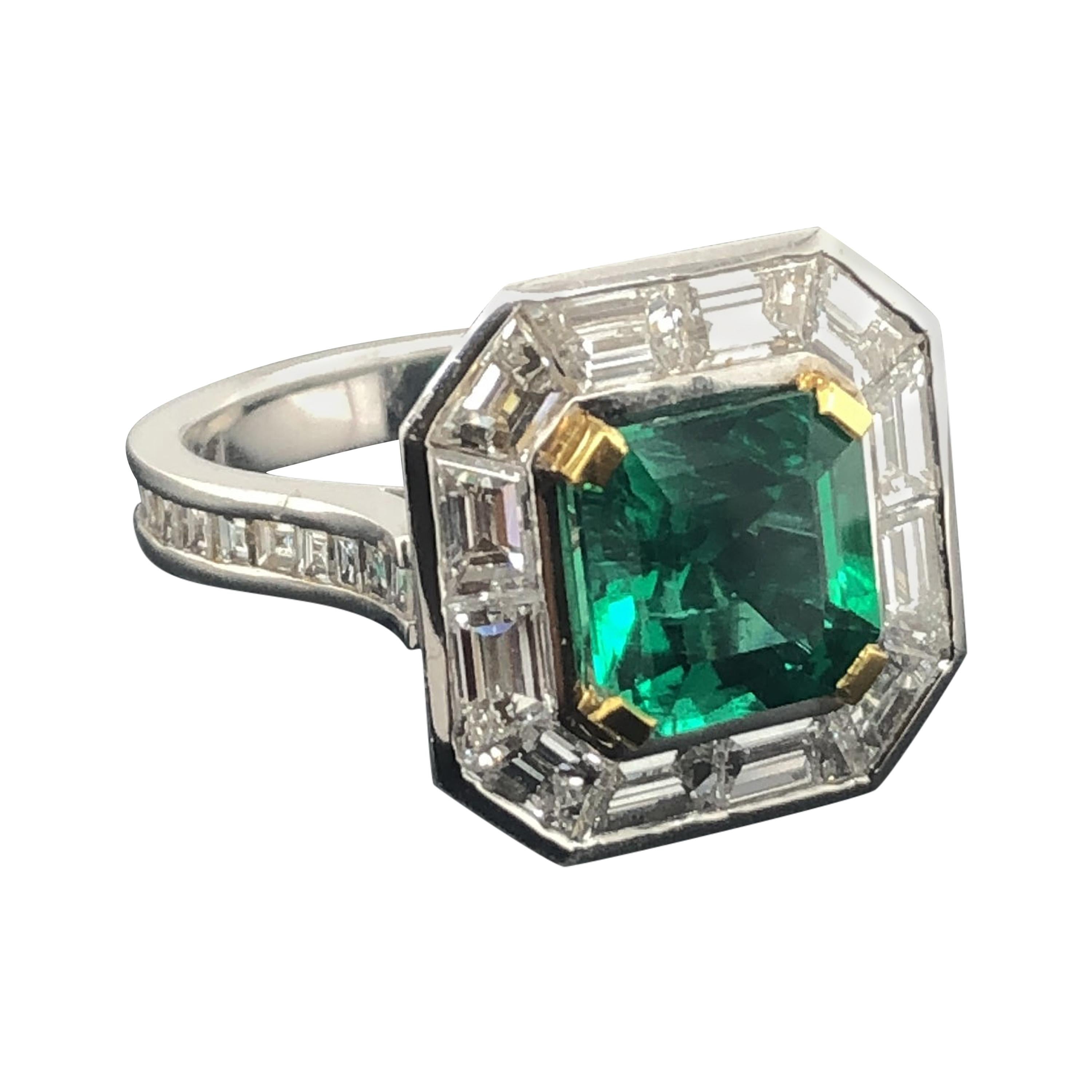 Certified Natural 2.35 Carat Asscher Cut Emerald and Diamond Cocktail Ring For Sale