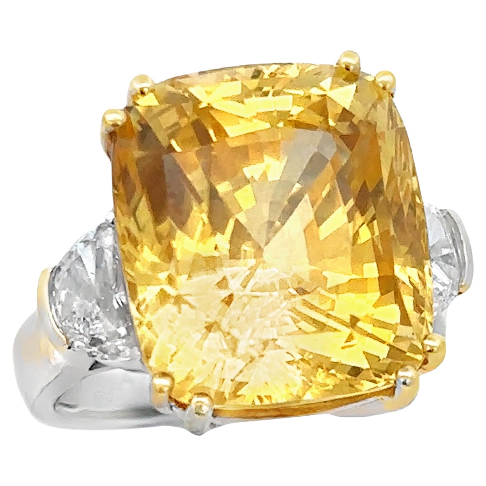 Certified Natural 26 carat Yellow Sapphire and Diamond Ring