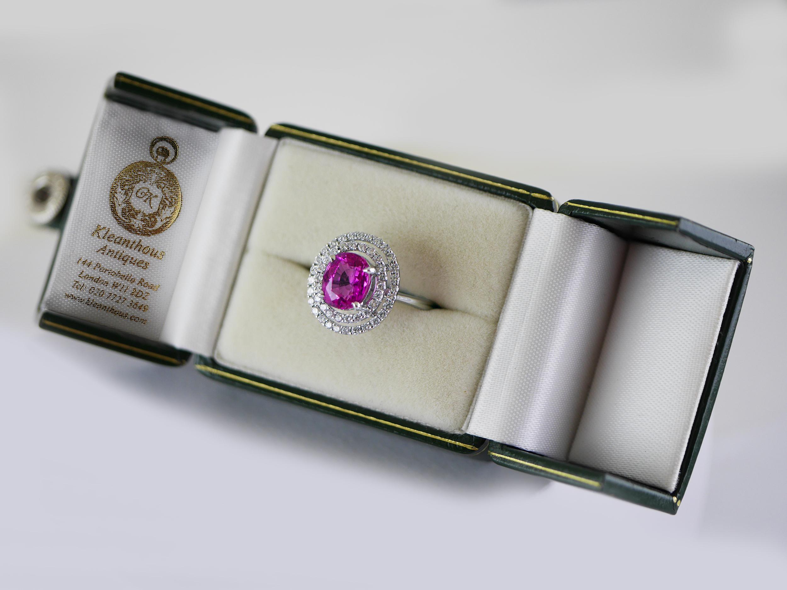 Certified Natural 2.91 Carat Cushion Cut Pink Sapphire and Diamond Ring 3