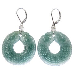 Certified Natural 29mm Jadeite Jade Dragon Disc & Rose Cut Diamond Earrings