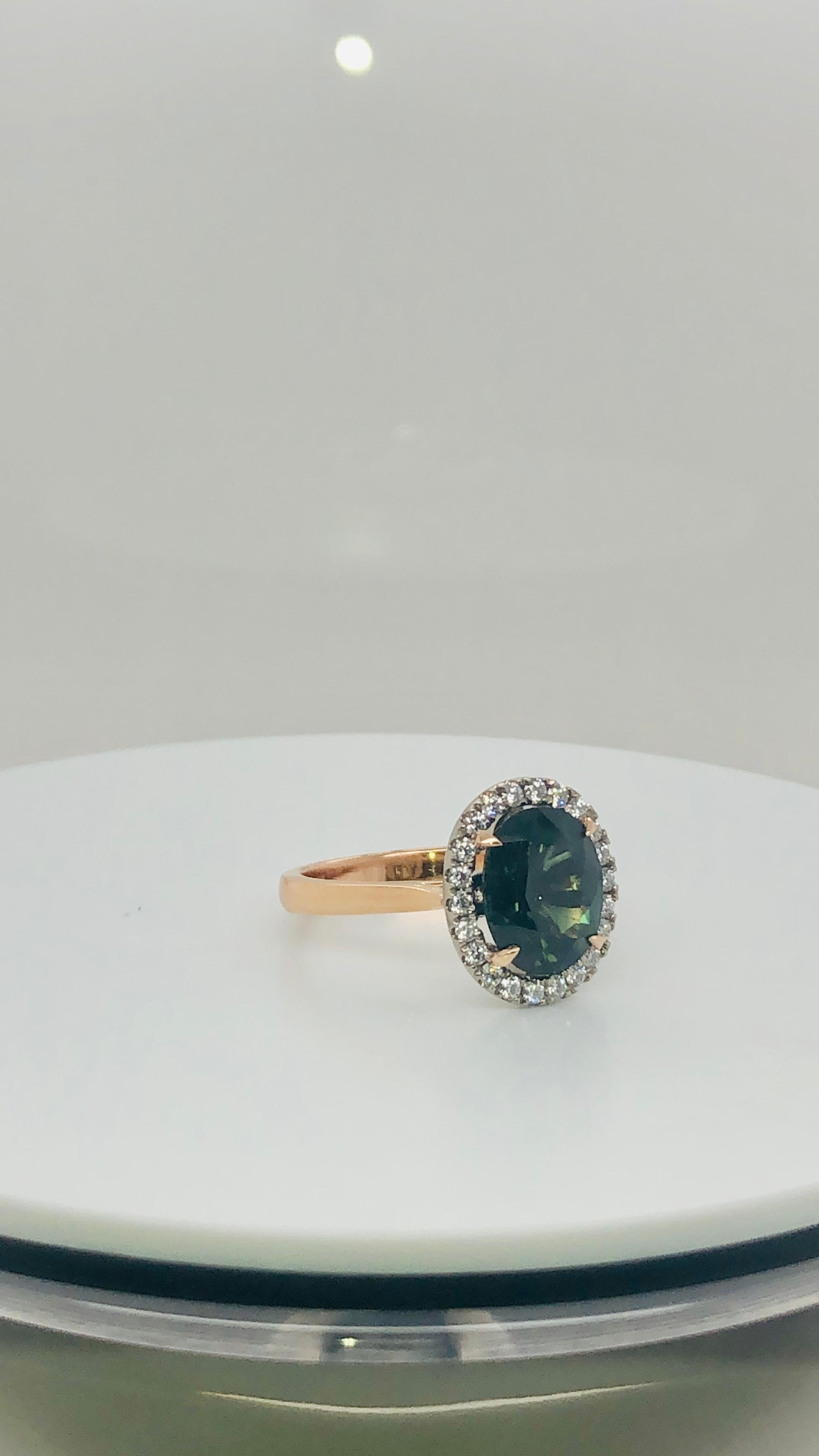 Contemporary Certified Natural 3.73 Carat Australian Green Sapphire Diamond Engagement Ring