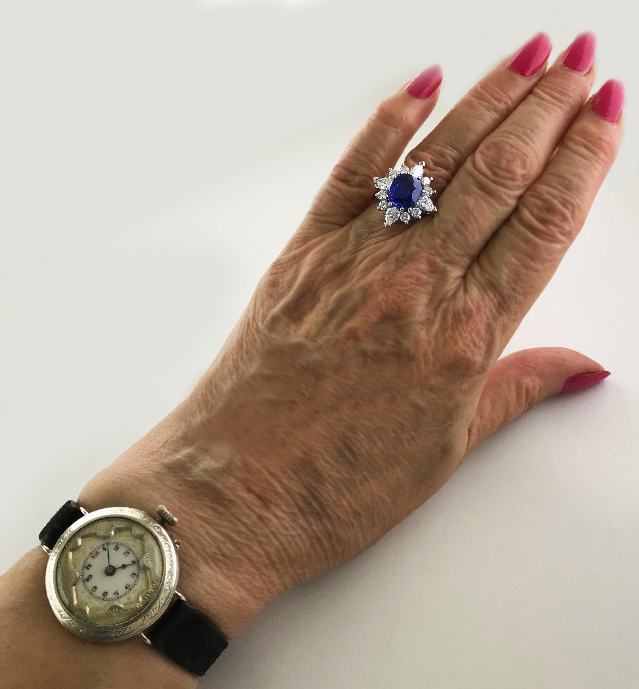 Certified Natural 3.75 Carat Sapphire Diamond Platinum Ring, circa 1960 3