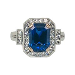 Certified Natural 3.78 Carat Emerald Cut Sapphire Diamond Art Deco Cocktail Ring Certified Natural 3.78 Carat Emerald Cut Sapphire Diamond Art Deco Cocktail Ring