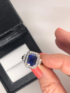 Certified Natural 3.78 Carat Emerald Cut Sapphire Diamond Art Deco Cocktail Ring