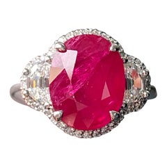 Certified Natural 6.82 Carat Burmese Ruby Diamond Three Stone Engagement Ring