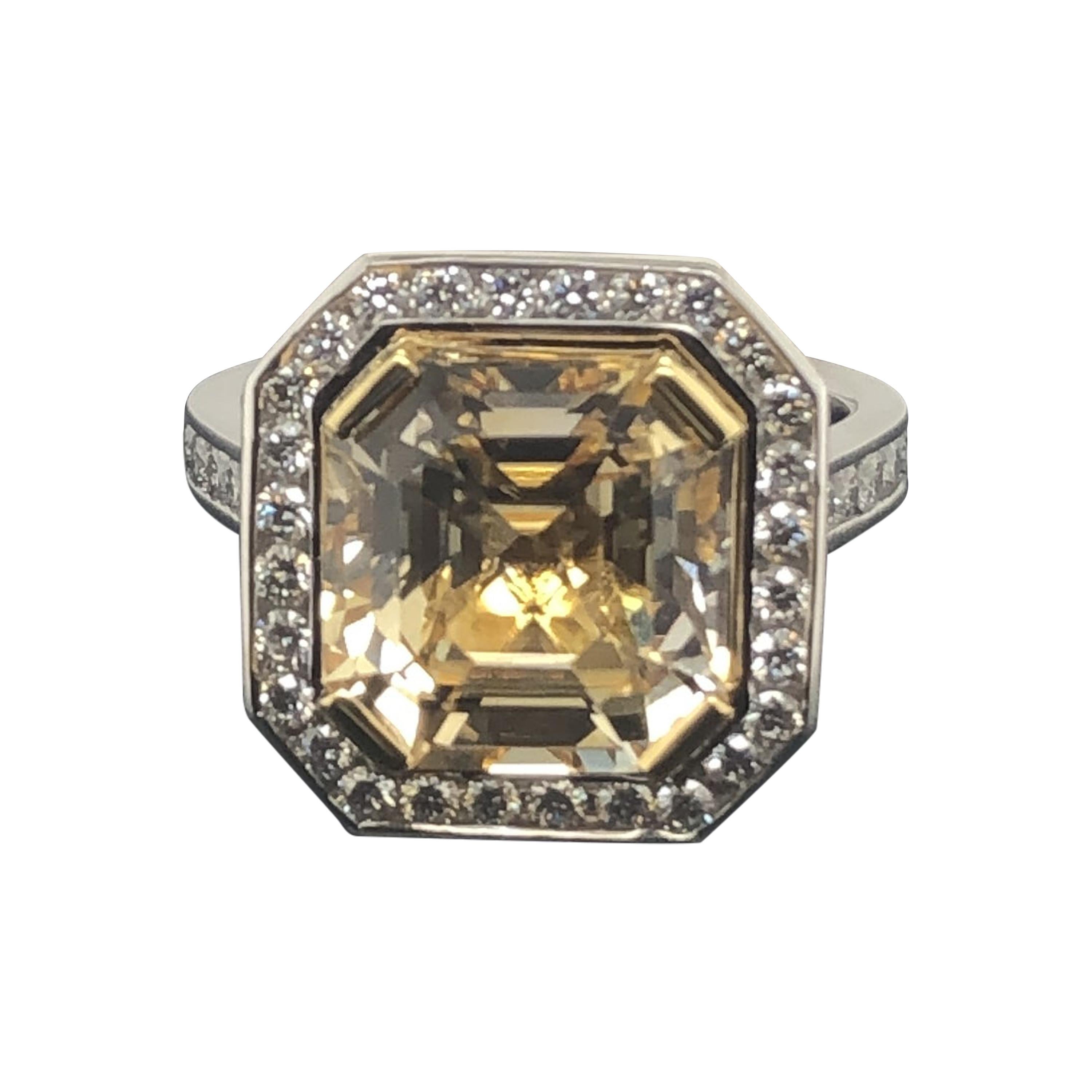 Certified Natural 7.36 Carat, Asscher Cut Yellow Sapphire and Diamond Dress Ring