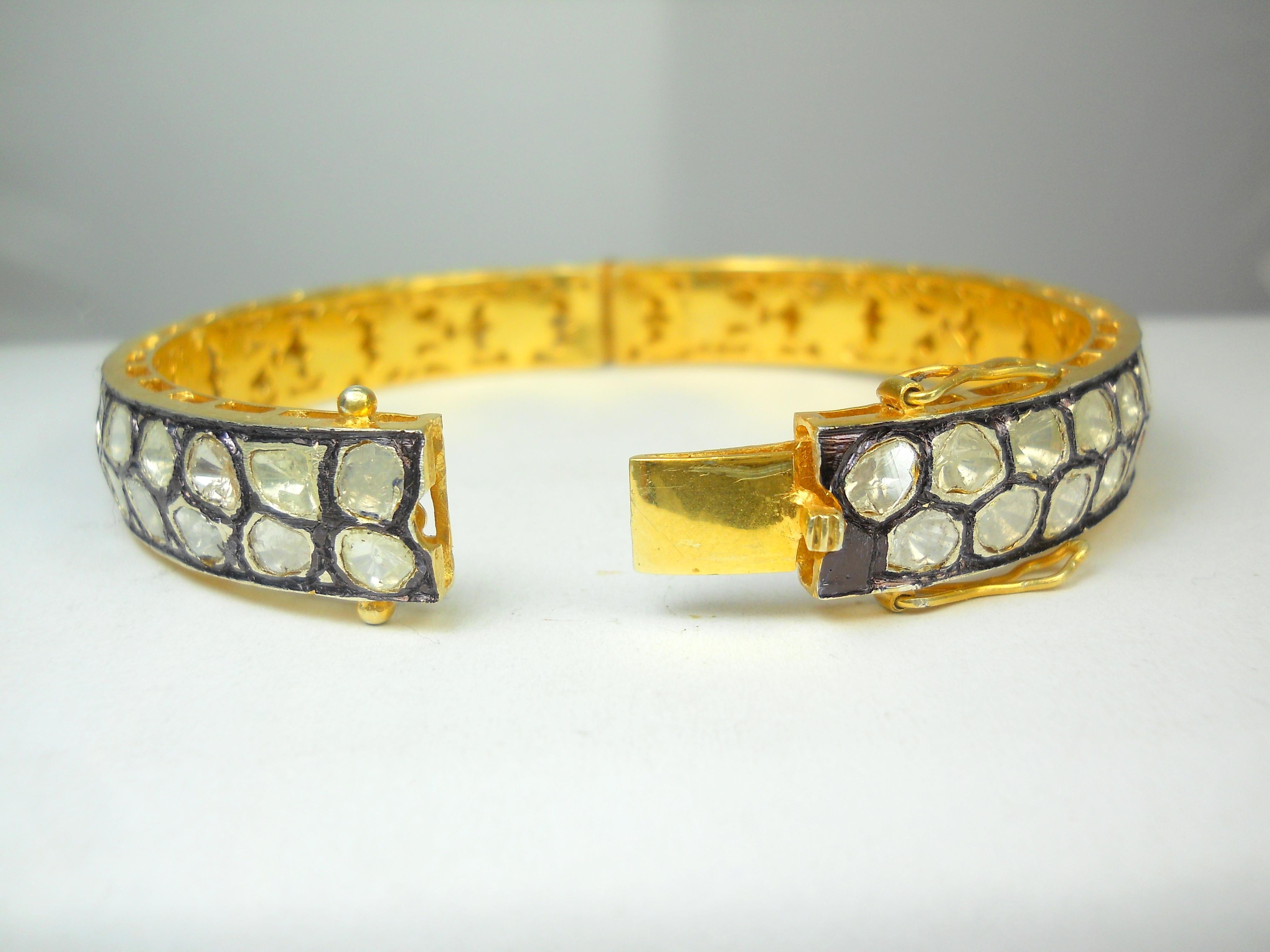 Art Nouveau Certified natural 8.60 carat uncut Diamond sterling silver Gold plated bracelet For Sale