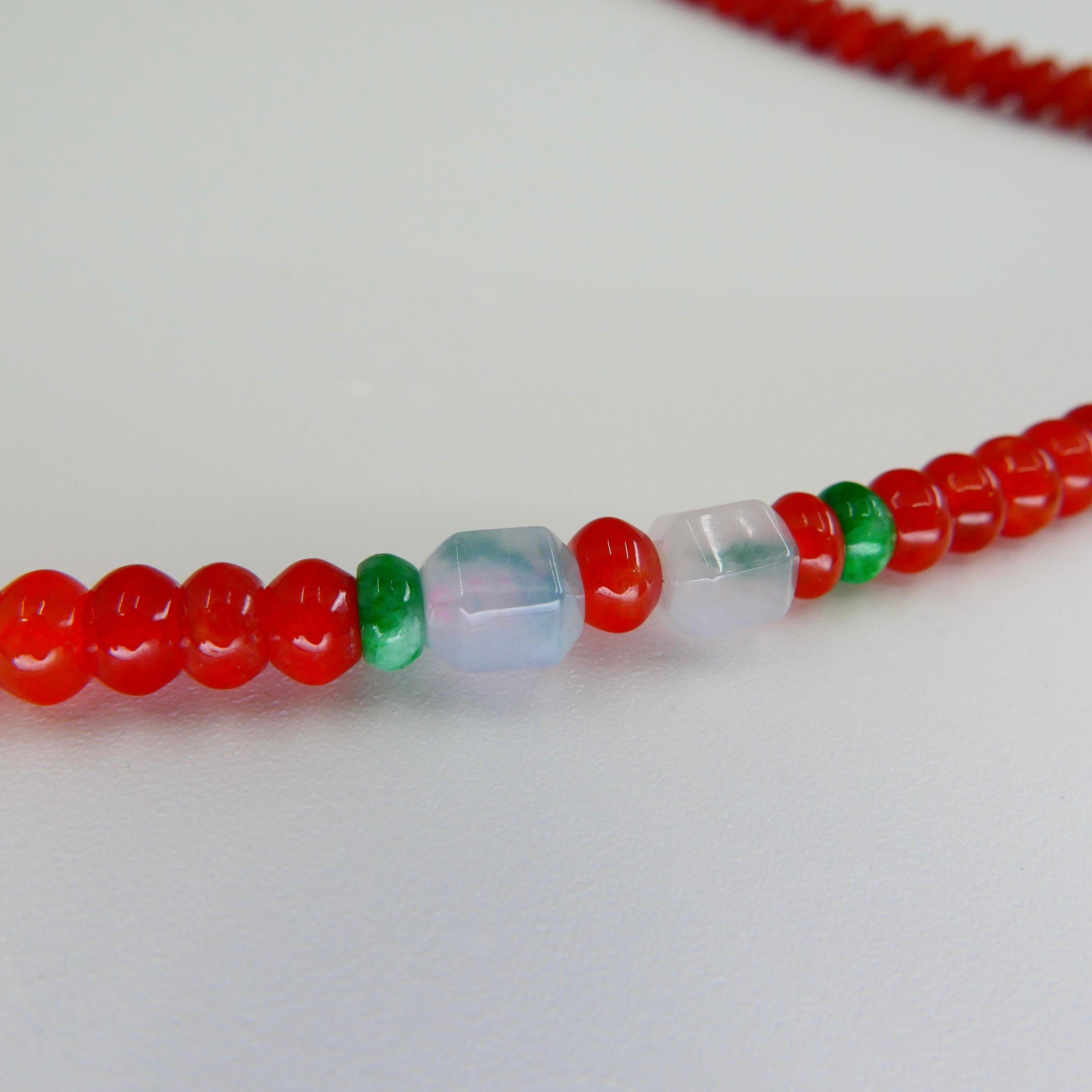 Certified Natural Apple Green & Icy Red Jadeite Jade Bead Necklace, Masterpiece For Sale 4