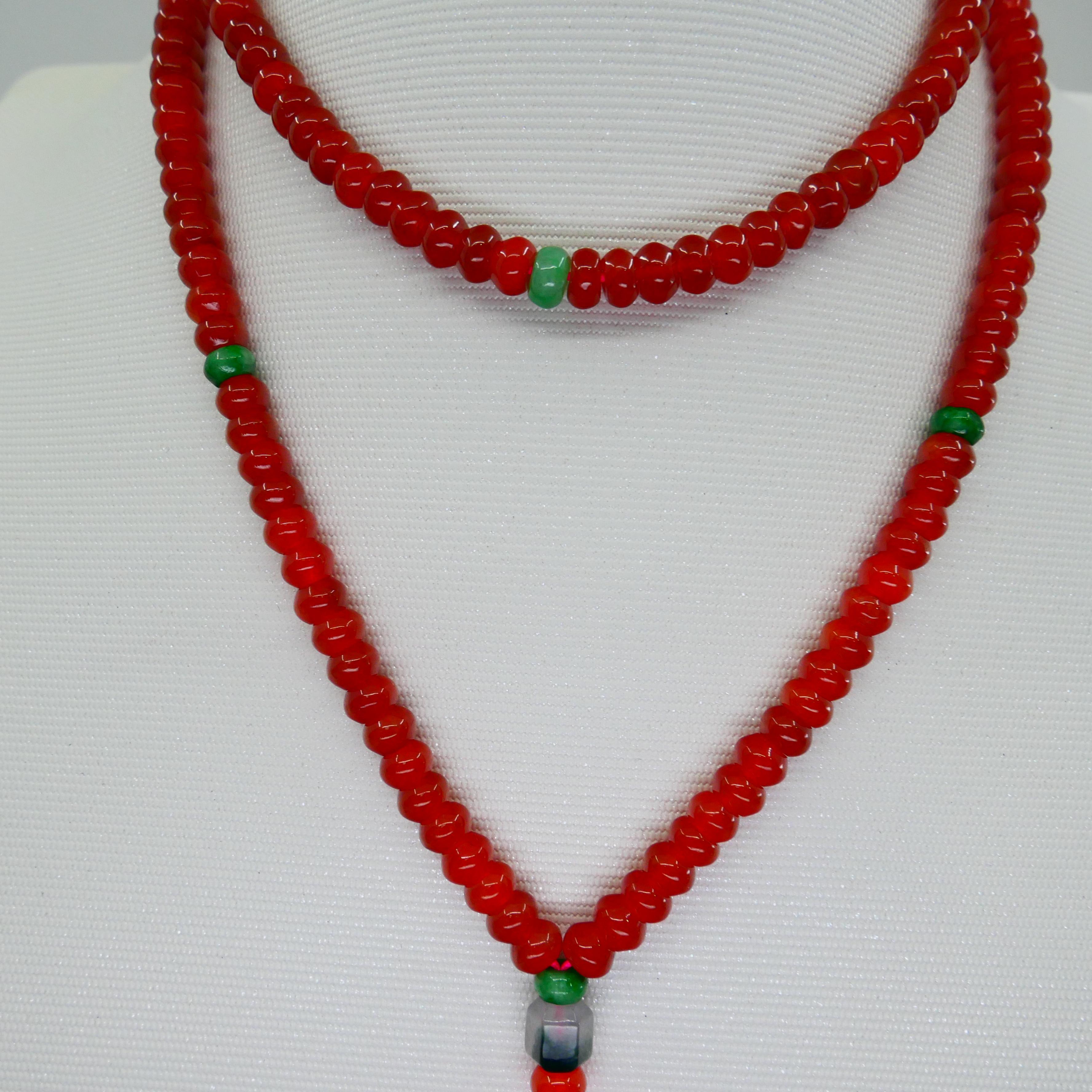 Certified Natural Apple Green & Icy Red Jadeite Jade Bead Necklace, Masterpiece For Sale 2
