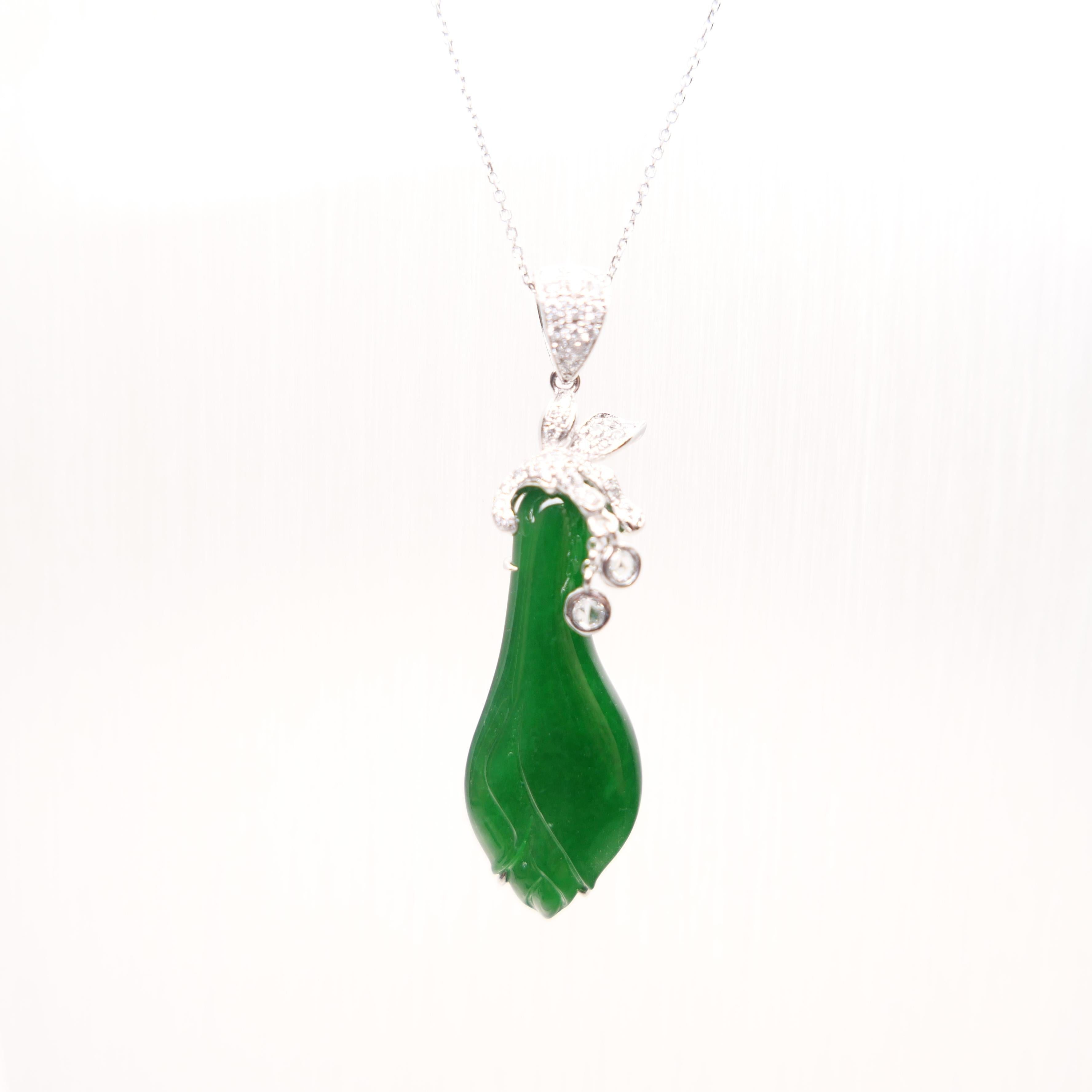 Certified Natural Apple Green Jade & Diamond Pendant. Lucky Jade! Substantial. For Sale 5