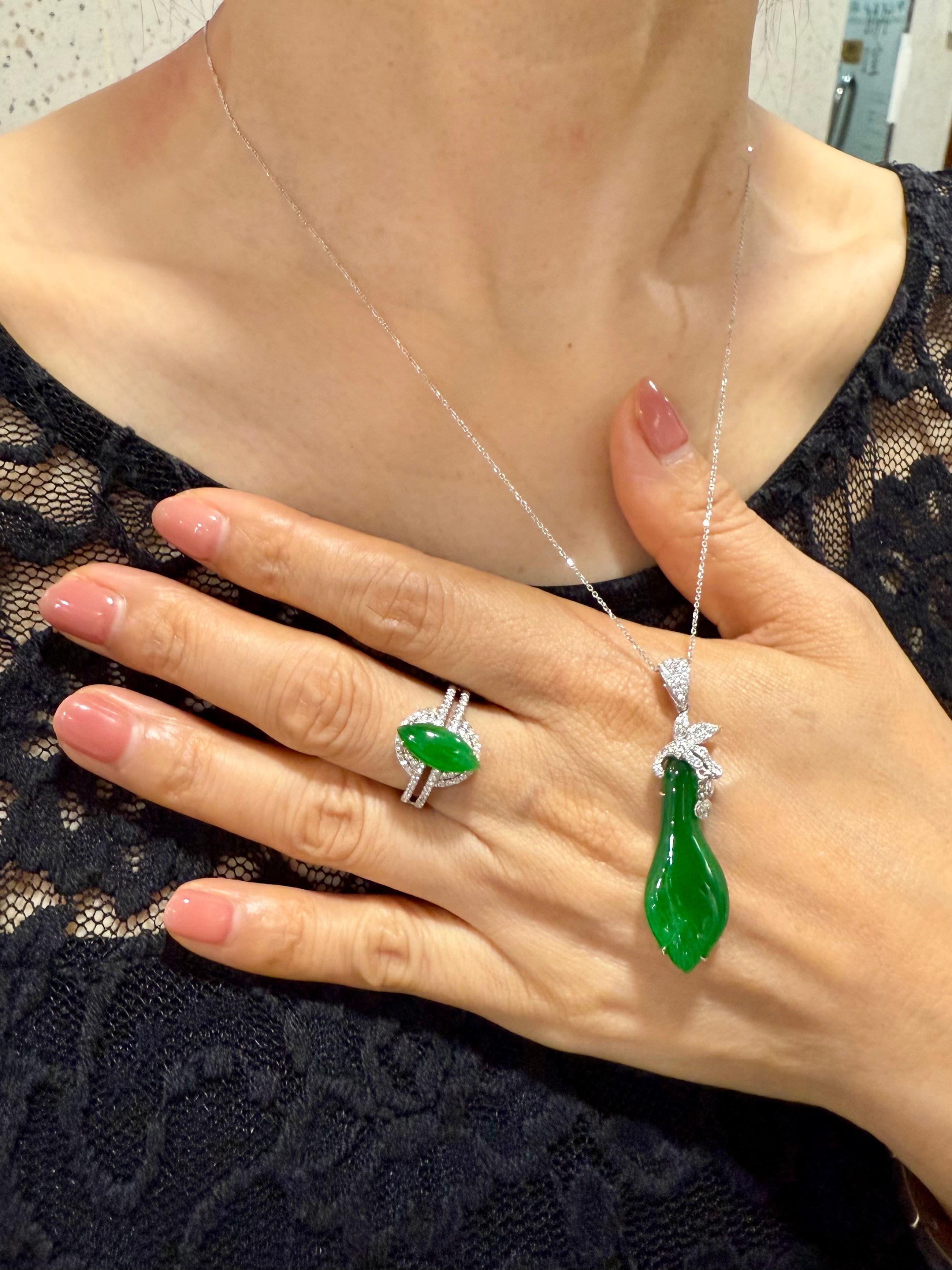 Certified Natural Apple Green Jade & Diamond Pendant. Lucky Jade! Substantial. For Sale 6