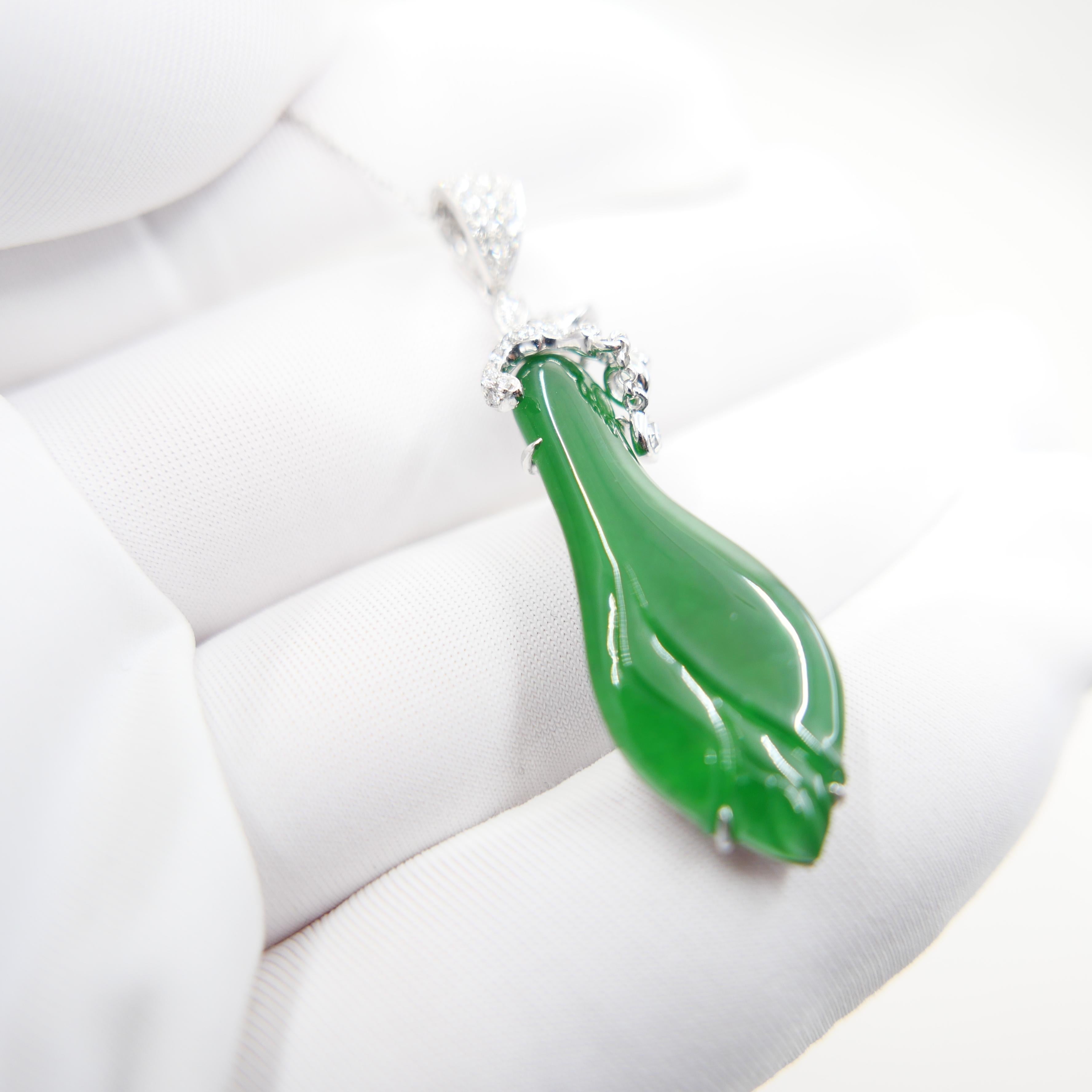 Certified Natural Apple Green Jade & Diamond Pendant. Lucky Jade! Substantial. For Sale 7