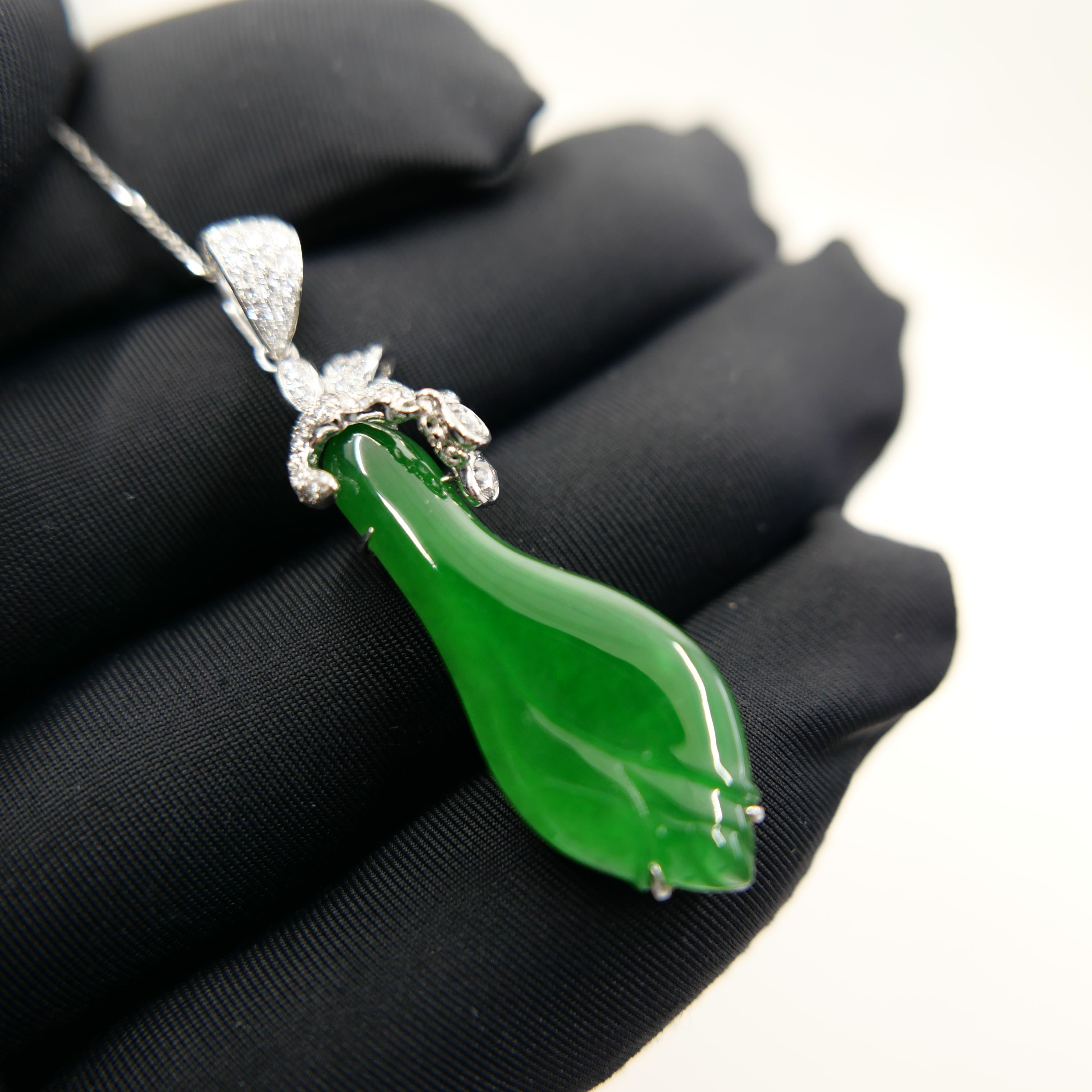 Certified Natural Apple Green Jade & Diamond Pendant. Lucky Jade! Substantial. For Sale 9