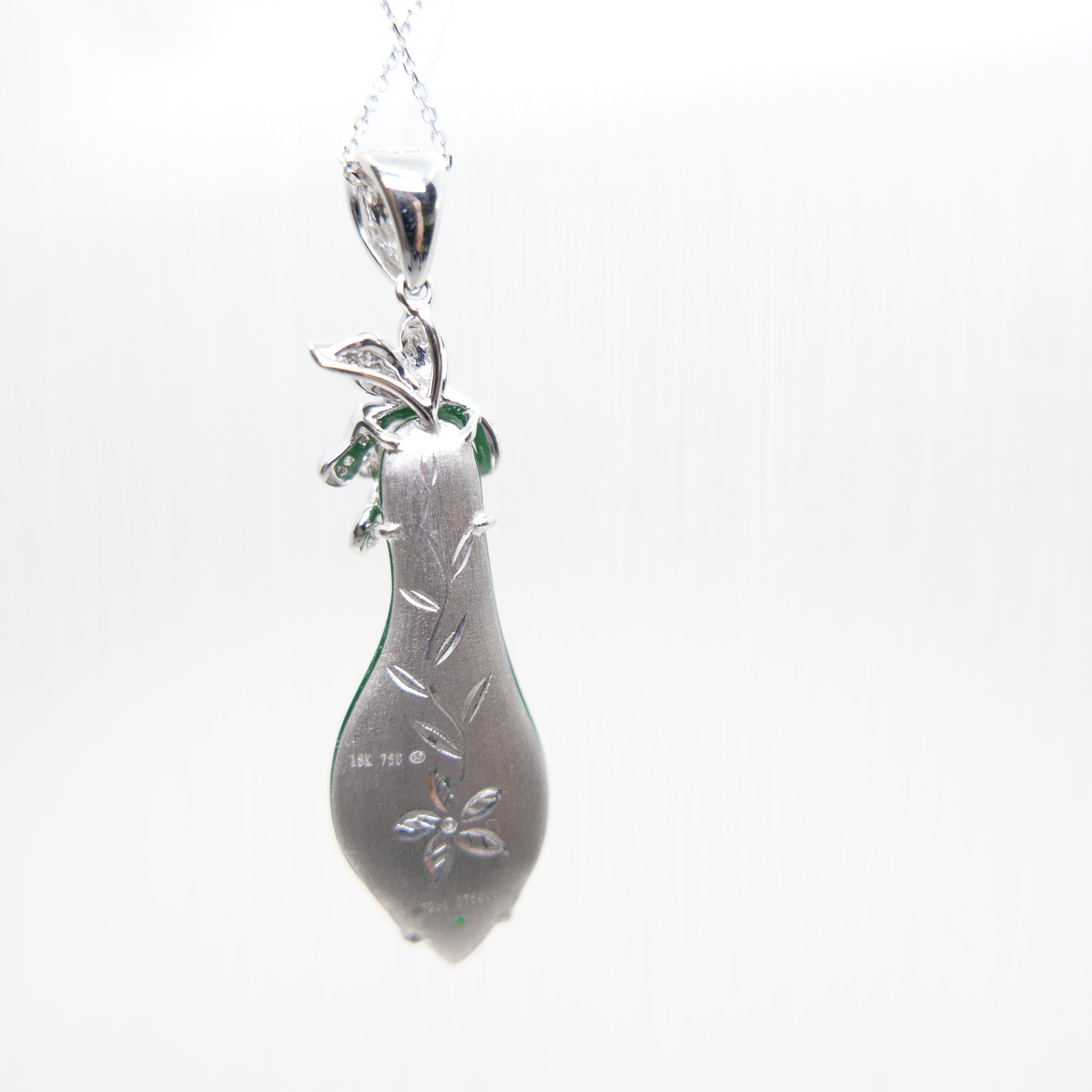 Rough Cut Certified Natural Apple Green Jade & Diamond Pendant. Lucky Jade! Substantial. For Sale