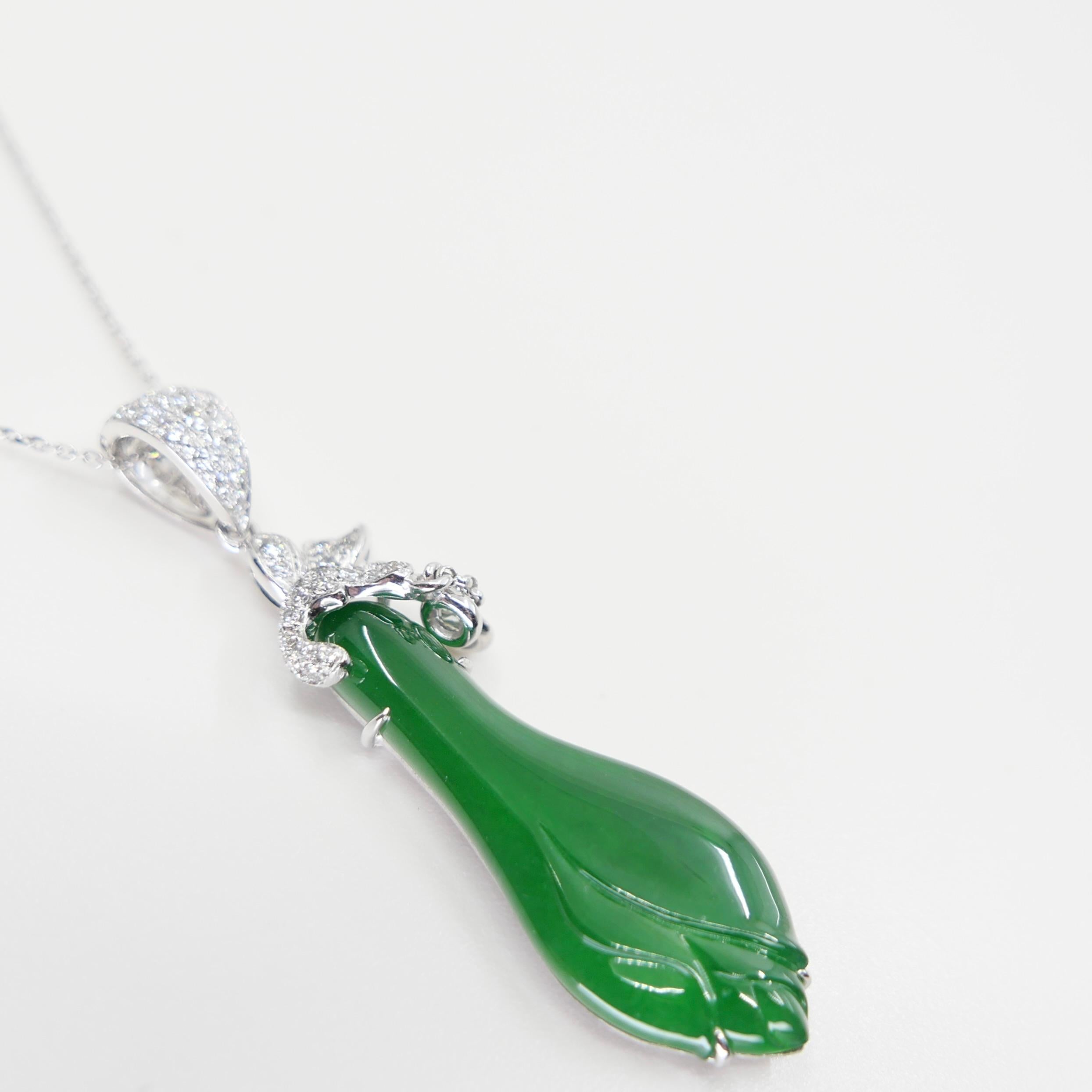 Certified Natural Apple Green Jade & Diamond Pendant. Lucky Jade! Substantial. In New Condition For Sale In Hong Kong, HK