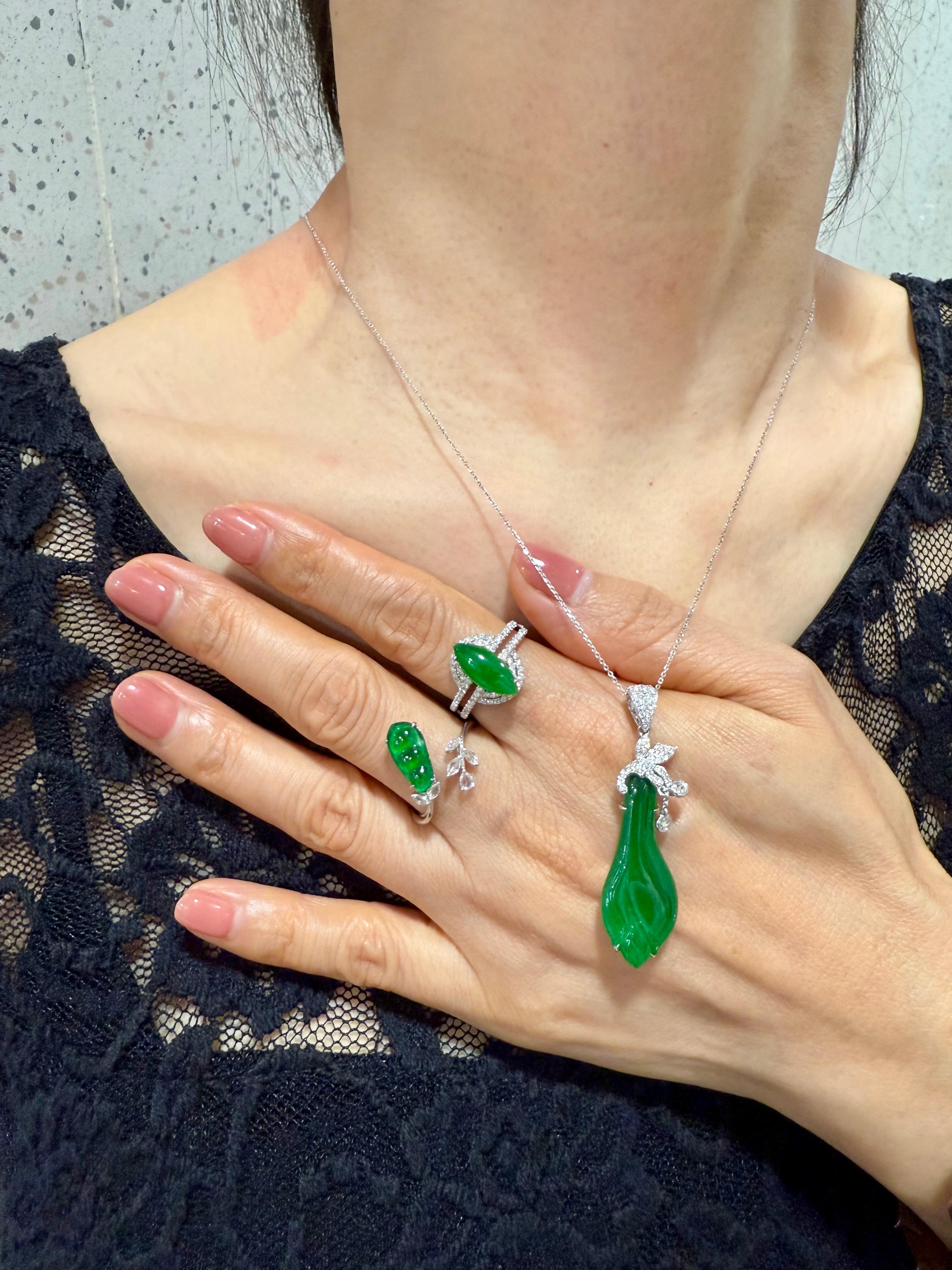 Certified Natural Apple Green Jade & Diamond Pendant. Lucky Jade! Substantial. For Sale 1