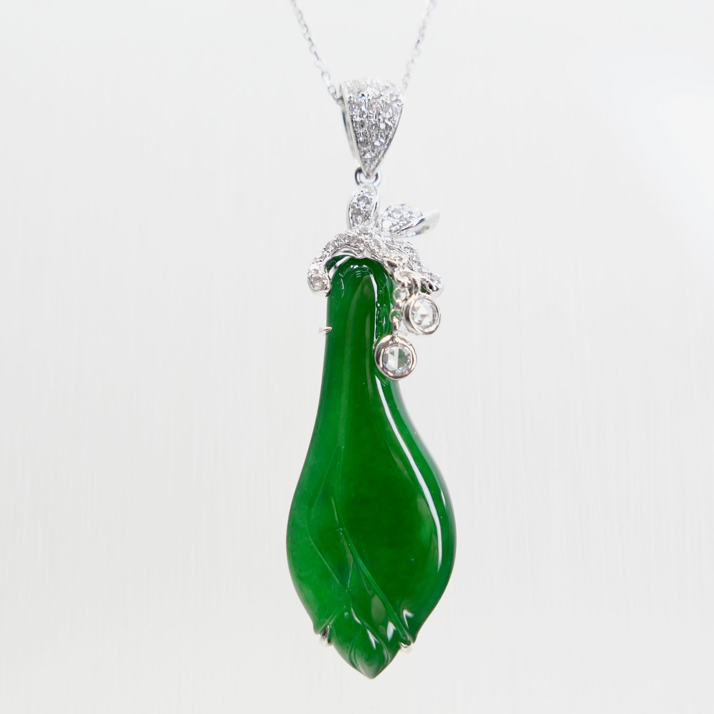 Certified Natural Apple Green Jade & Diamond Pendant. Lucky Jade! Substantial. For Sale 2
