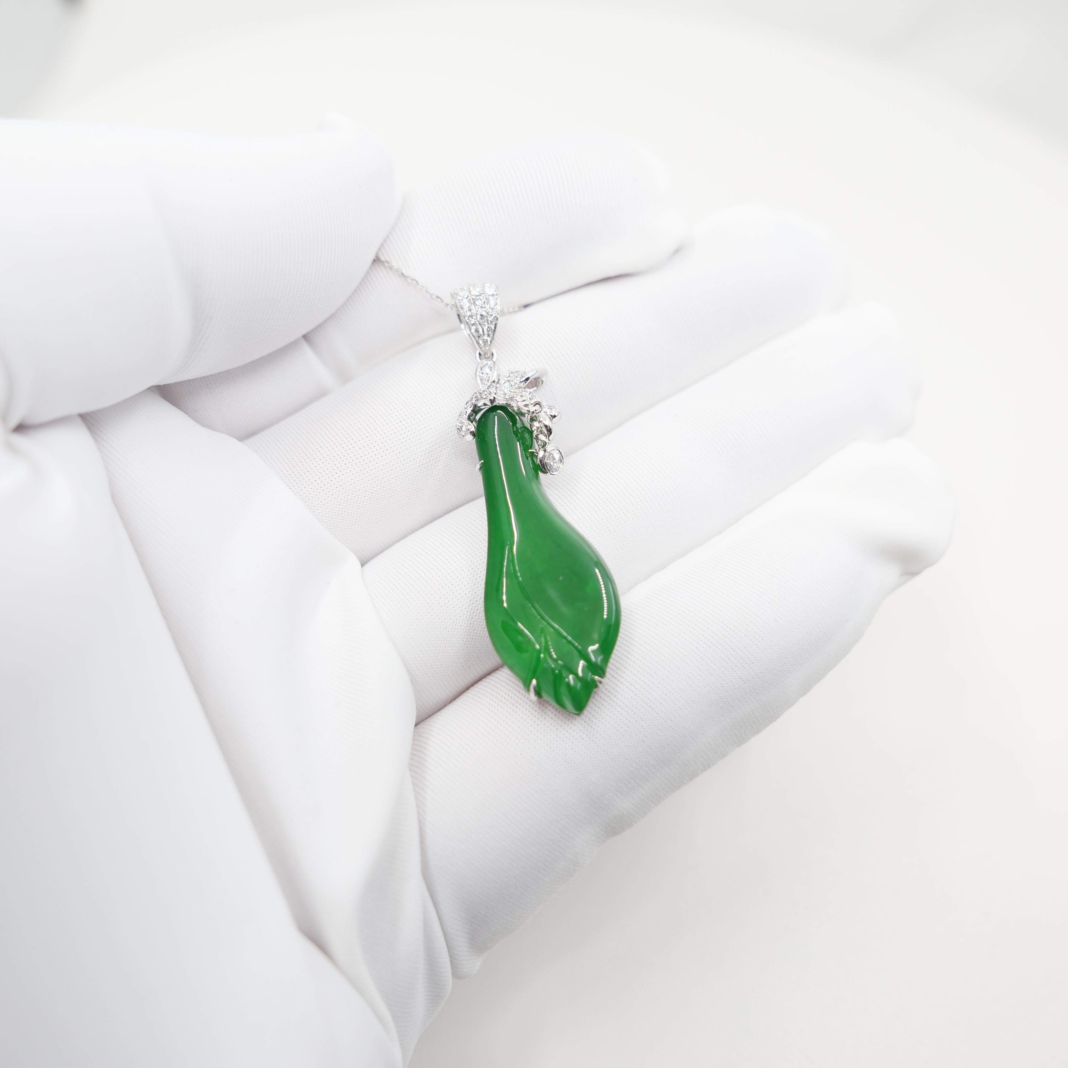 Certified Natural Apple Green Jade & Diamond Pendant. Lucky Jade! Substantial. For Sale 4