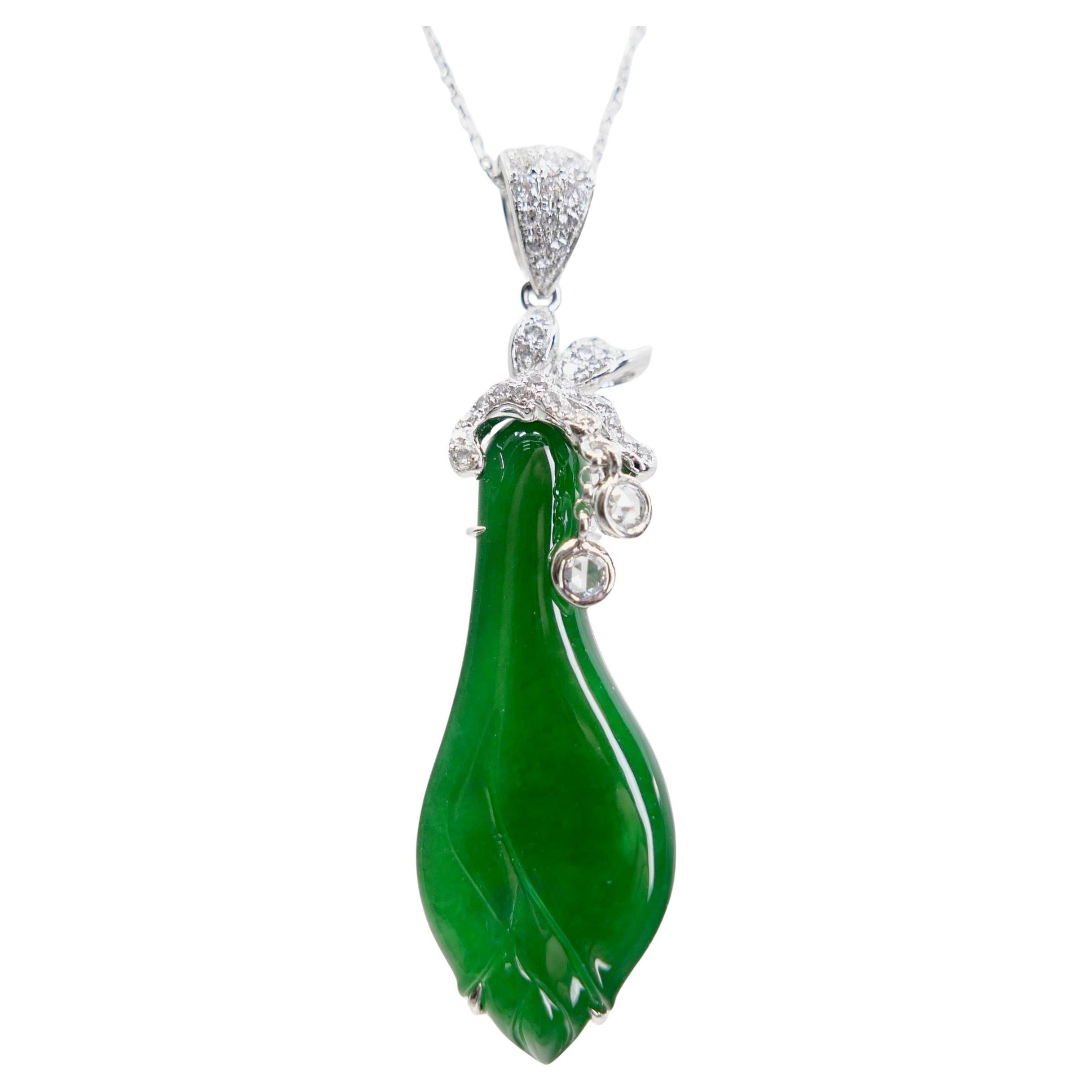 Certified Natural Apple Green Jade & Diamond Pendant. Lucky Jade! Substantial.