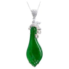 Certified Natural Apple Green Jade & Diamond Pendant. Lucky Jade! Substantial.