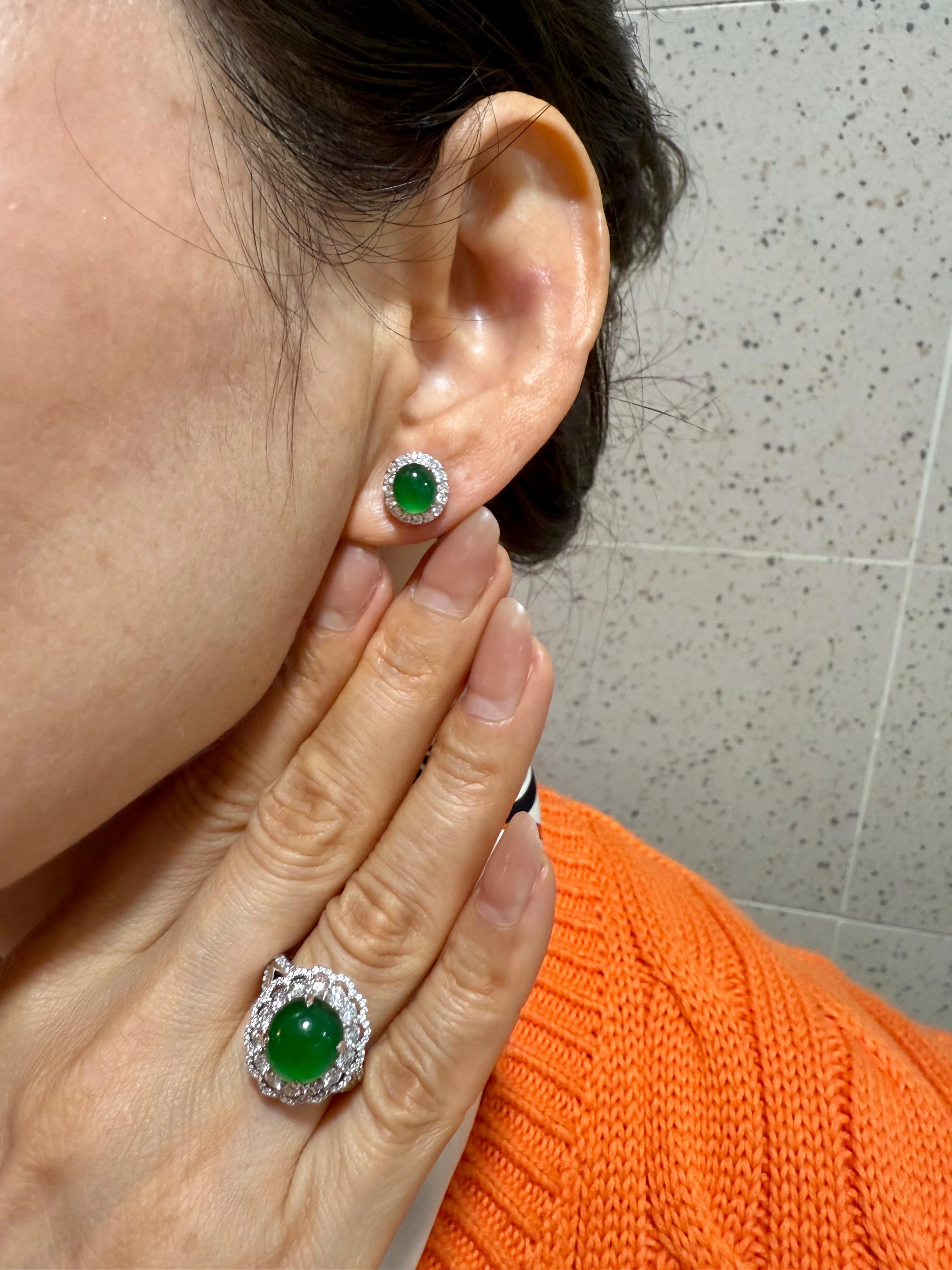 Certified Natural Apple Green Jade Diamond Stud Earrings. Glowing Green For Sale 5