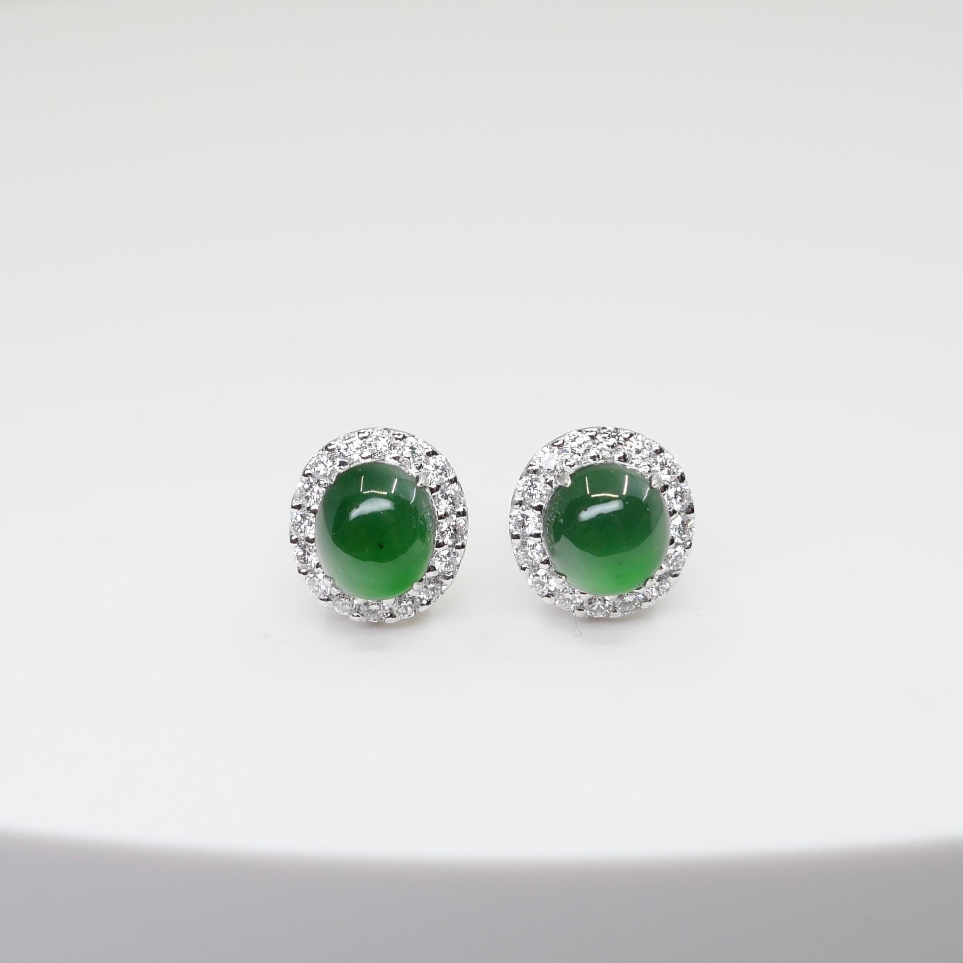 Certified Natural Apple Green Jade Diamond Stud Earrings. Glowing Green For Sale 6