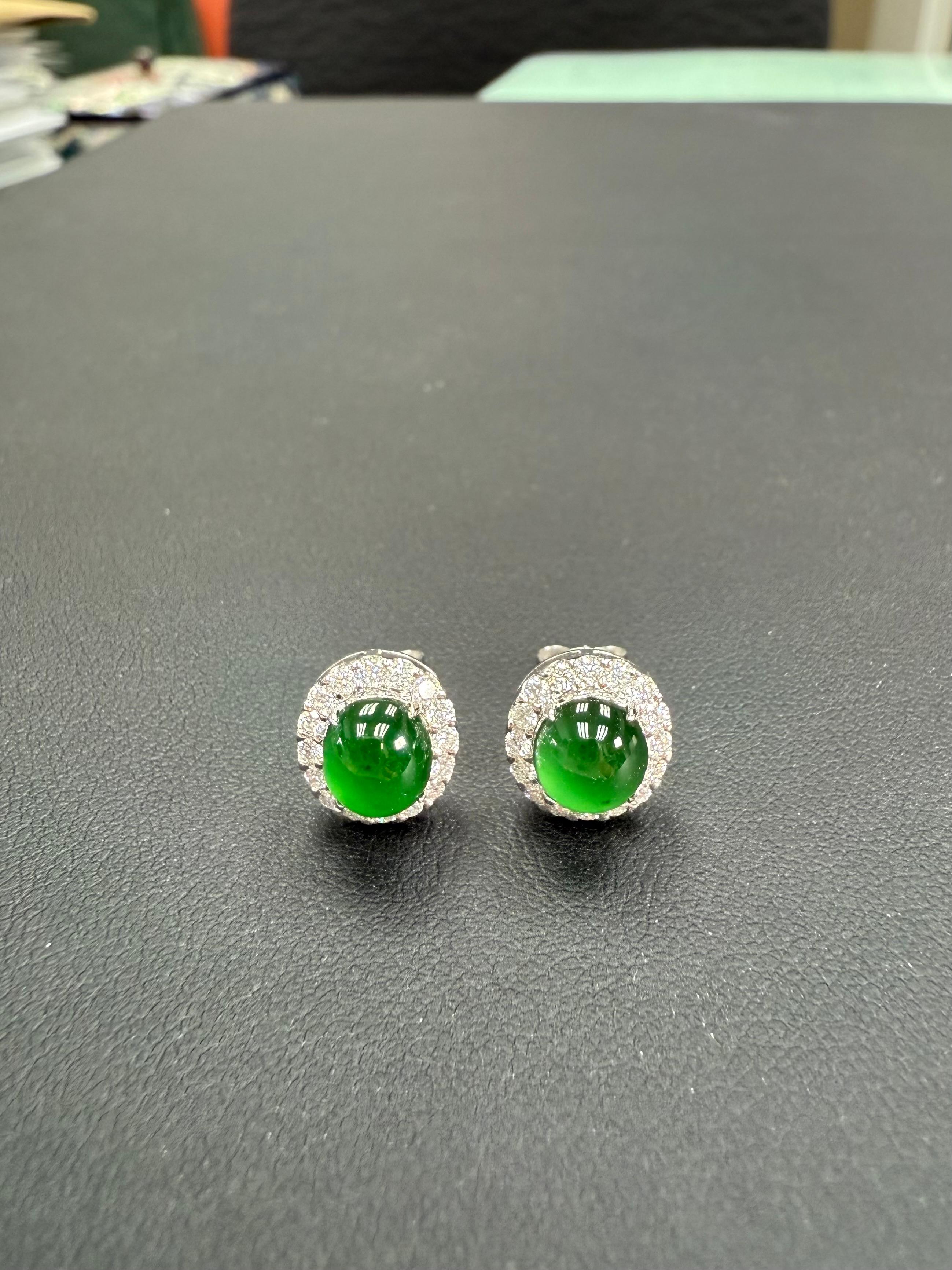 Certified Natural Apple Green Jade Diamond Stud Earrings. Glowing Green For Sale 7