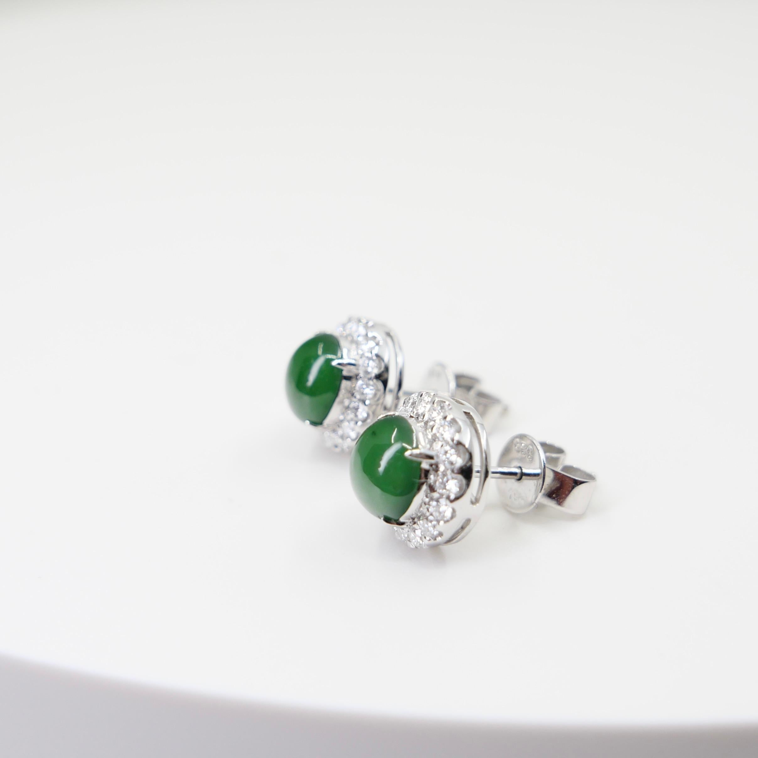 Certified Natural Apple Green Jade Diamond Stud Earrings. Glowing Green For Sale 9