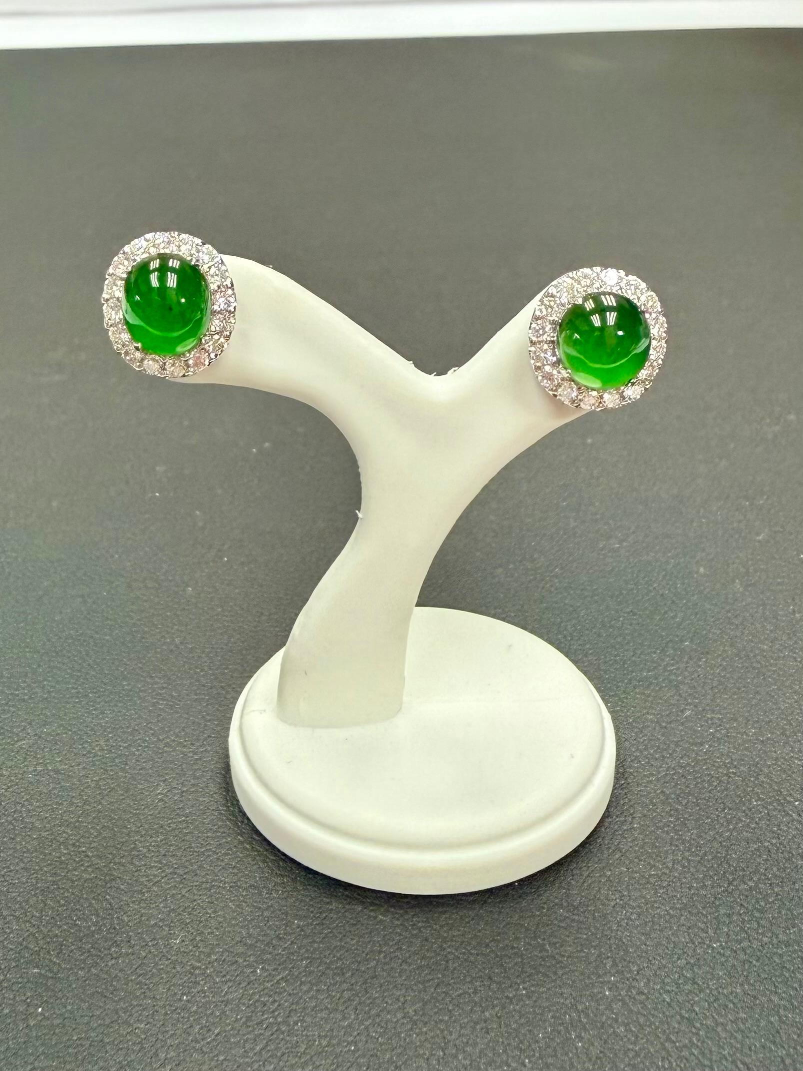 Certified Natural Apple Green Jade Diamond Stud Earrings. Glowing Green For Sale 10