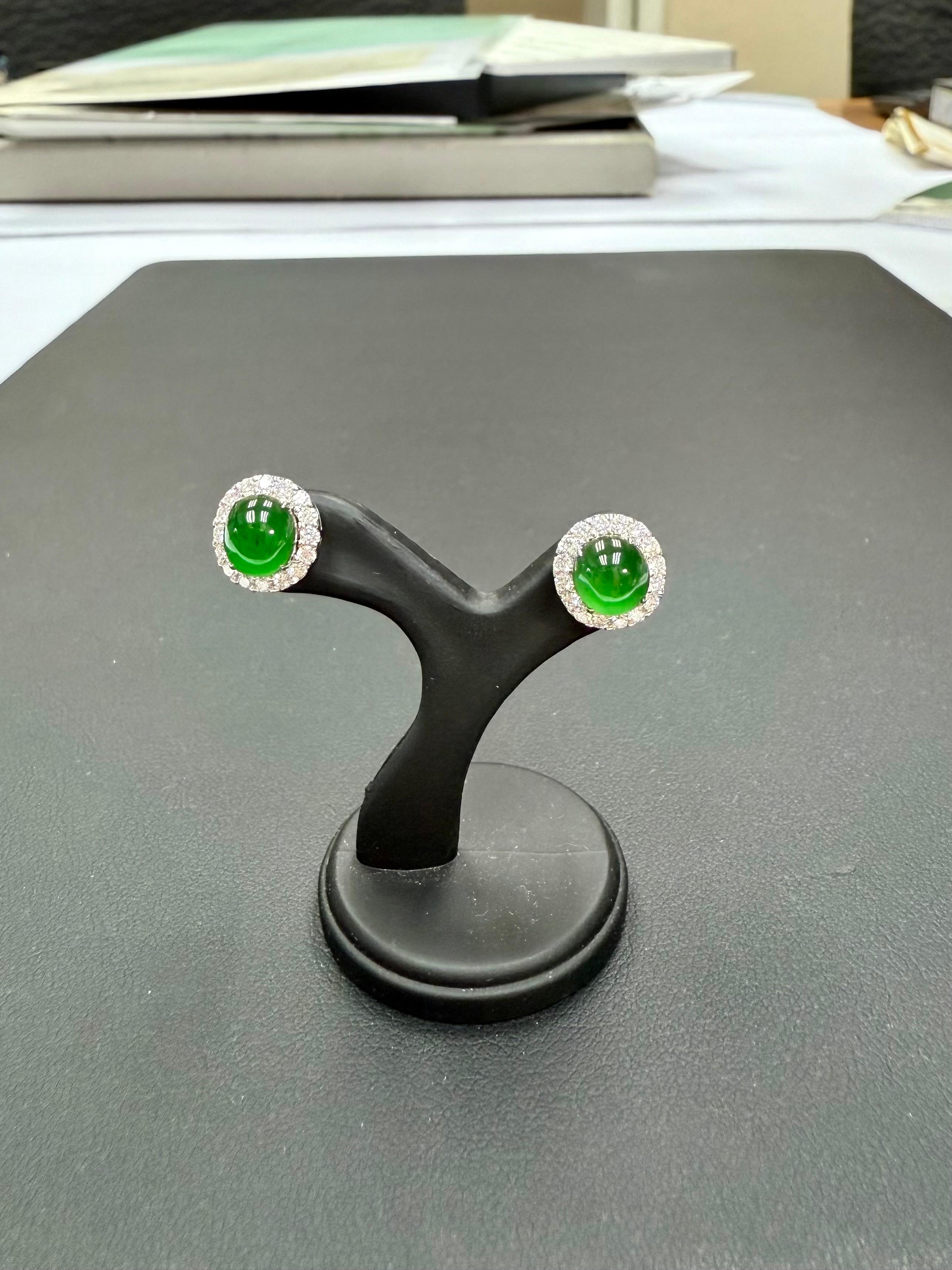 Certified Natural Apple Green Jade Diamond Stud Earrings. Glowing Green For Sale 11