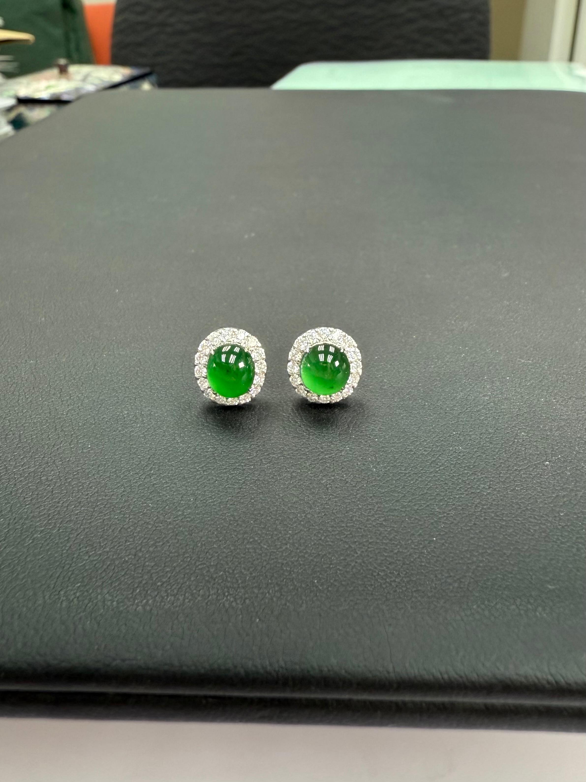 Certified Natural Apple Green Jade Diamond Stud Earrings. Glowing Green For Sale 12