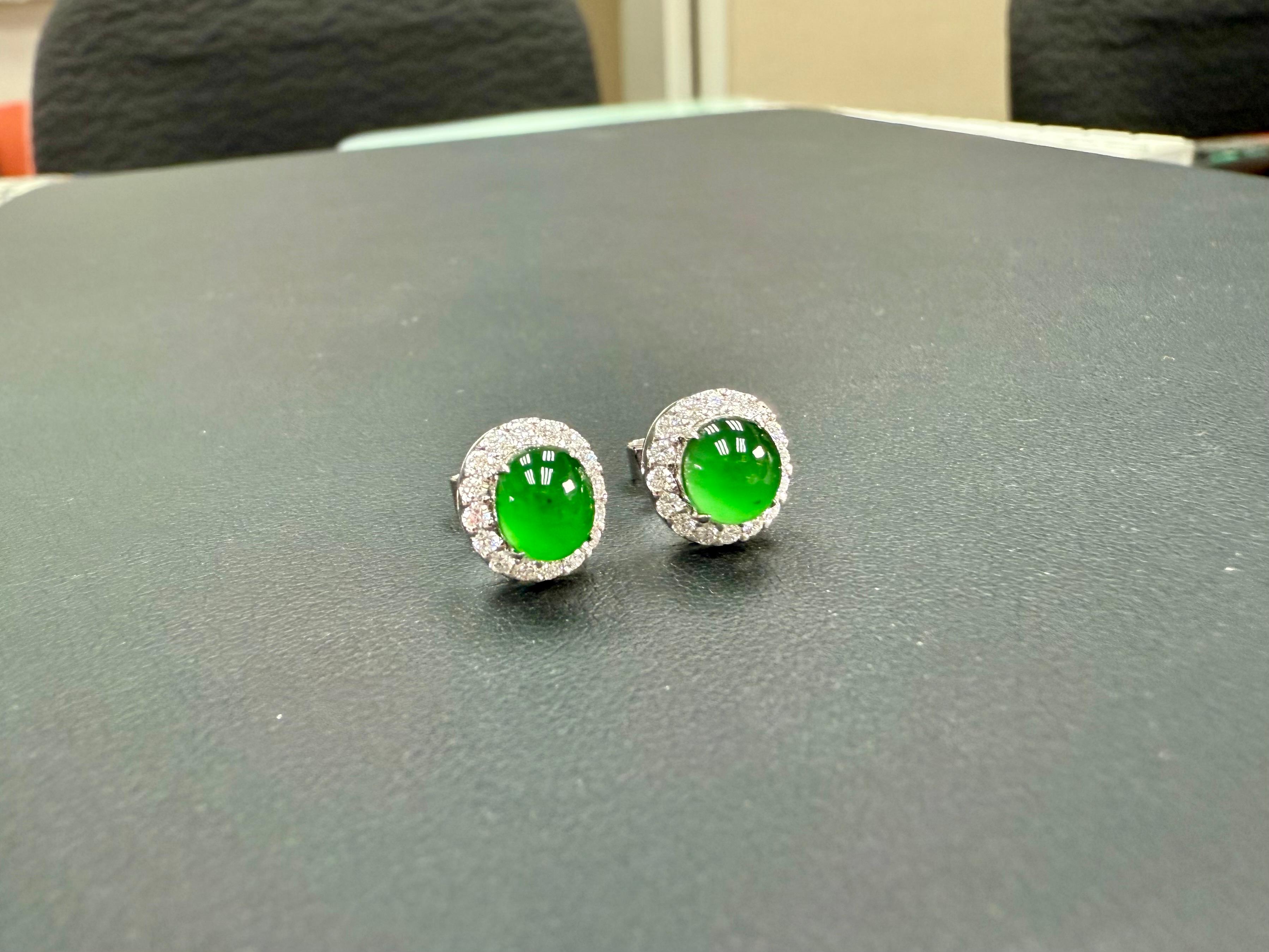 Cabochon Certified Natural Apple Green Jade Diamond Stud Earrings. Glowing Green For Sale
