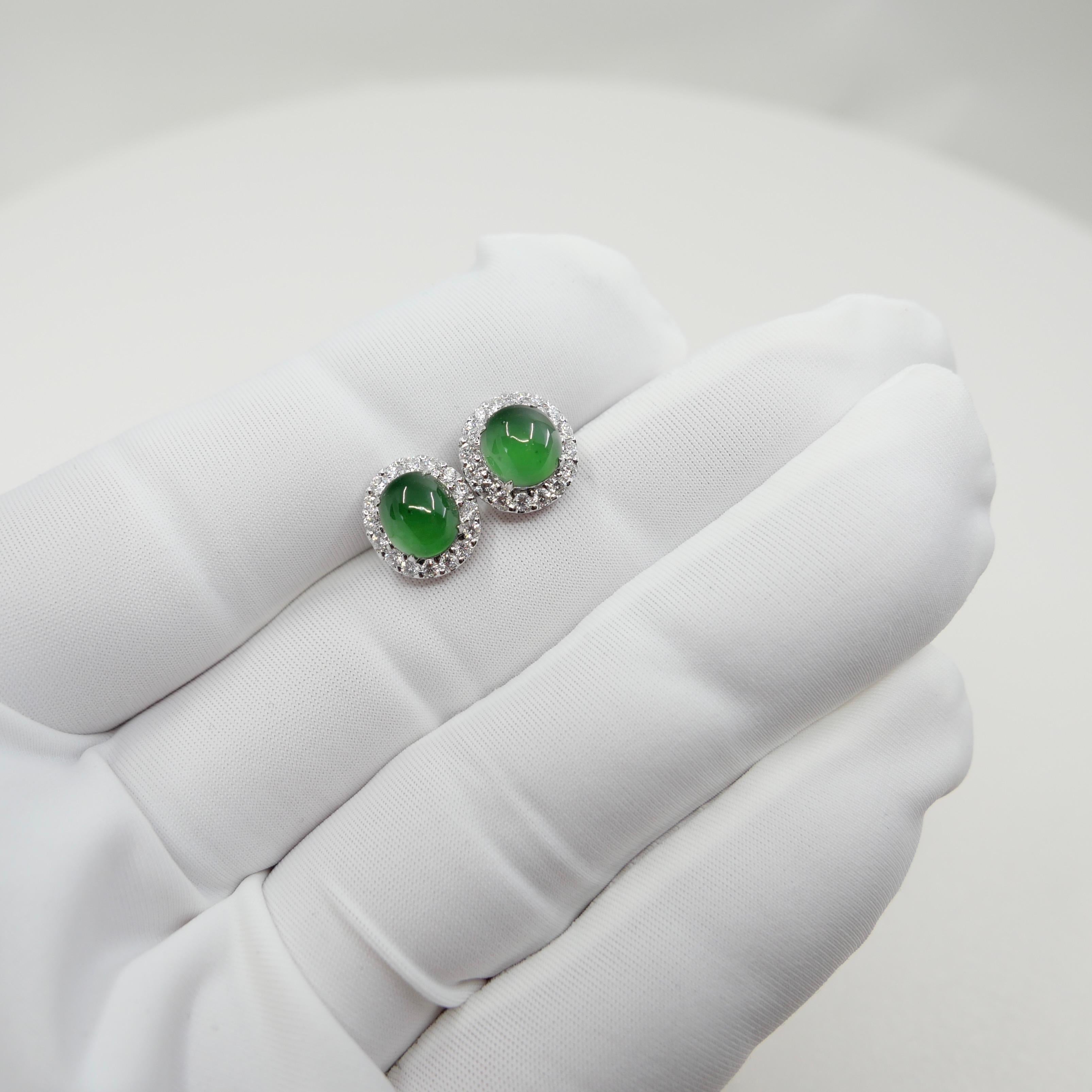 Women's Certified Natural Apple Green Jade Diamond Stud Earrings. Glowing Green For Sale