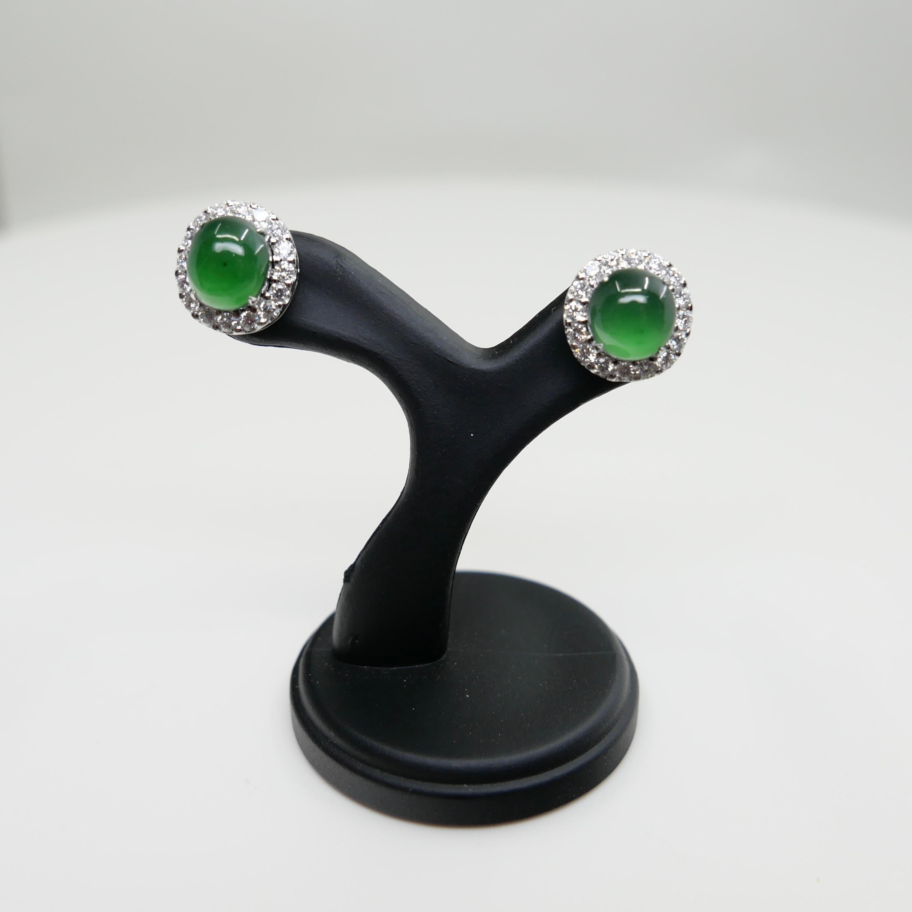 Certified Natural Apple Green Jade Diamond Stud Earrings. Glowing Green For Sale 1
