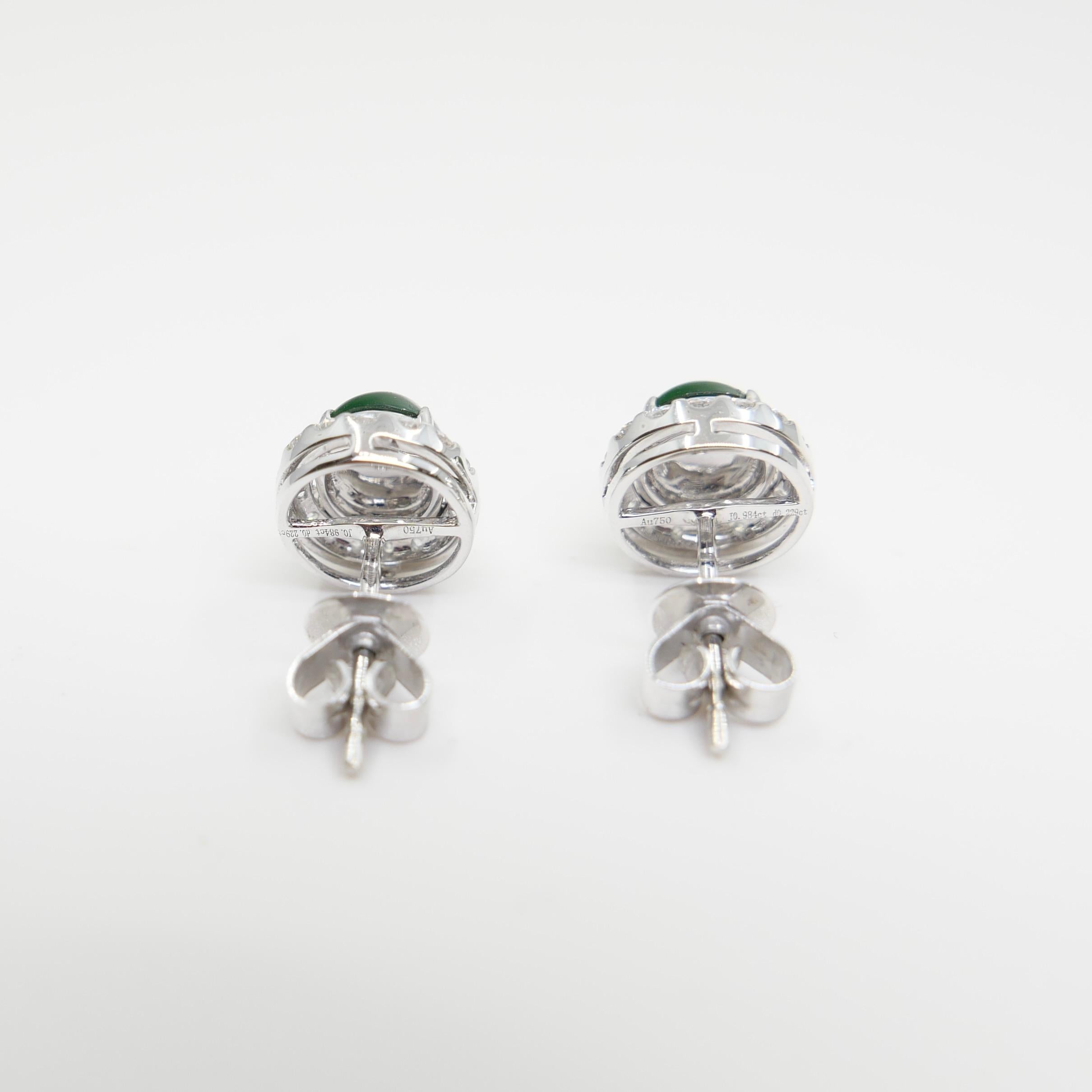 Certified Natural Apple Green Jade Diamond Stud Earrings. Glowing Green For Sale 2