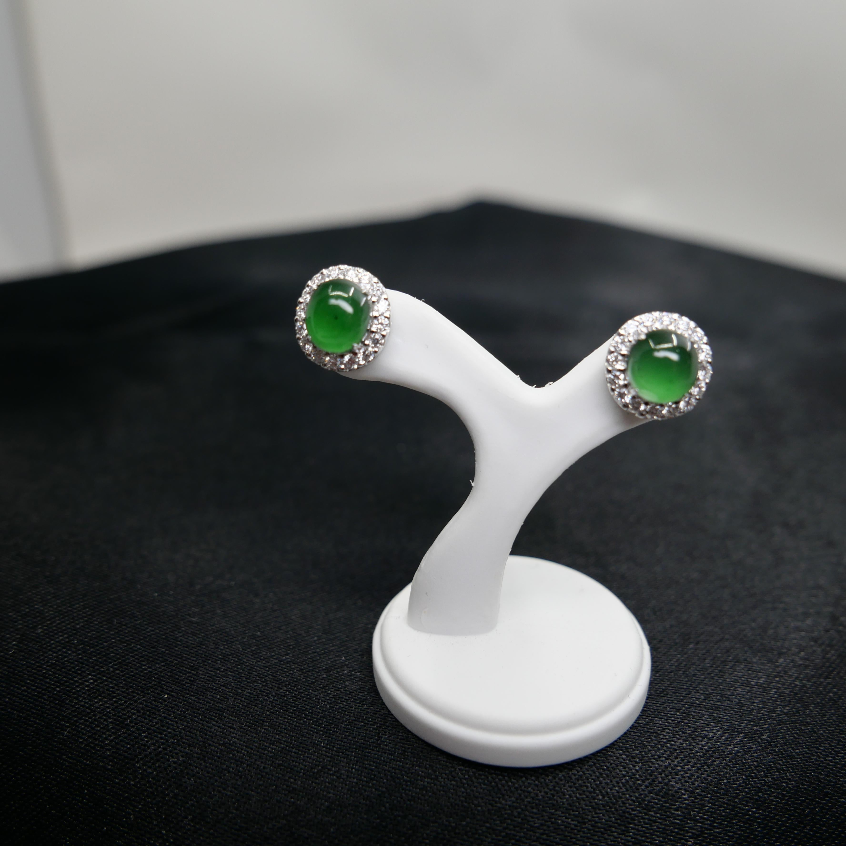 Certified Natural Apple Green Jade Diamond Stud Earrings. Glowing Green For Sale 3